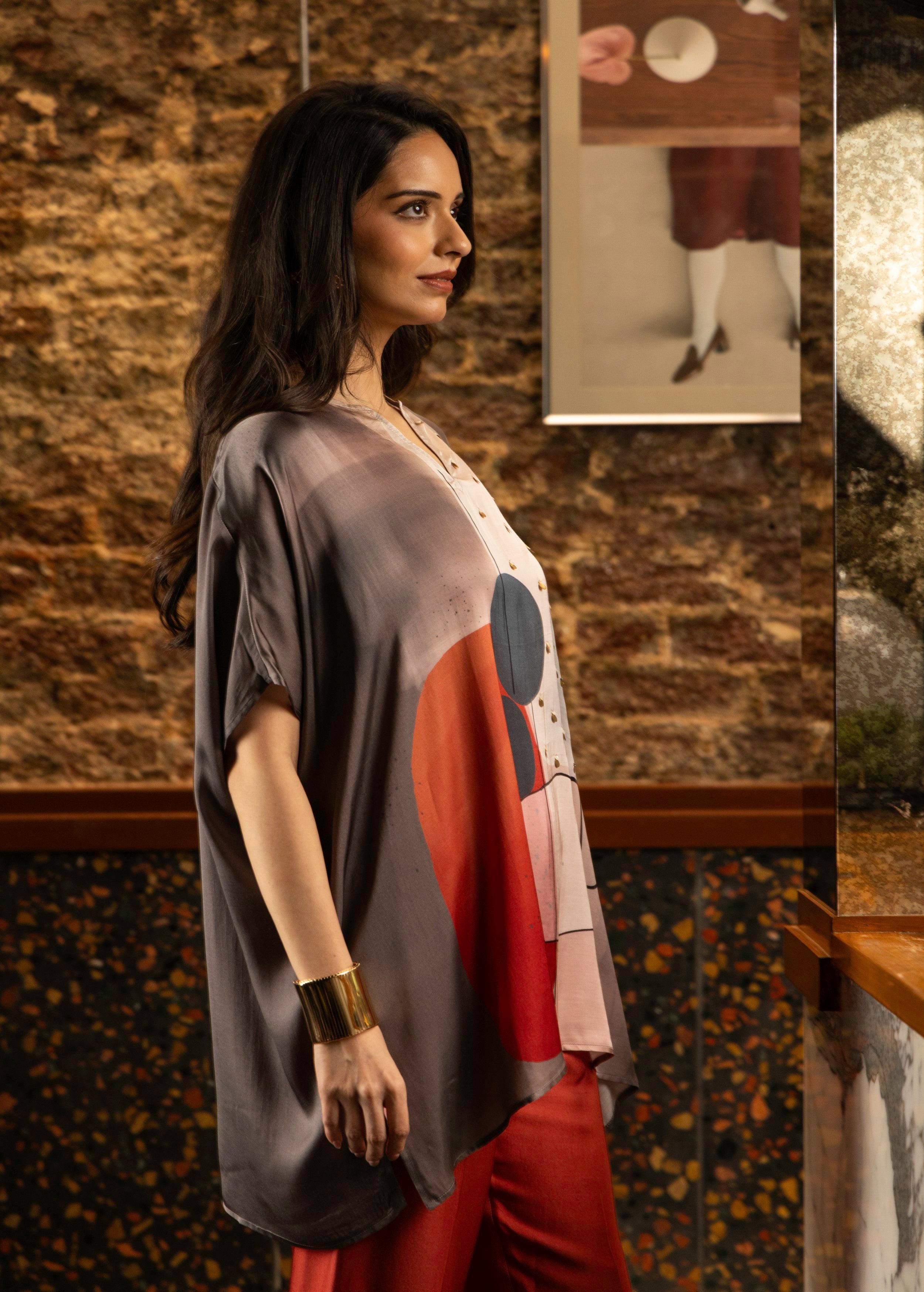 Maroon Abstract Print Satin Silk Kaftan Set