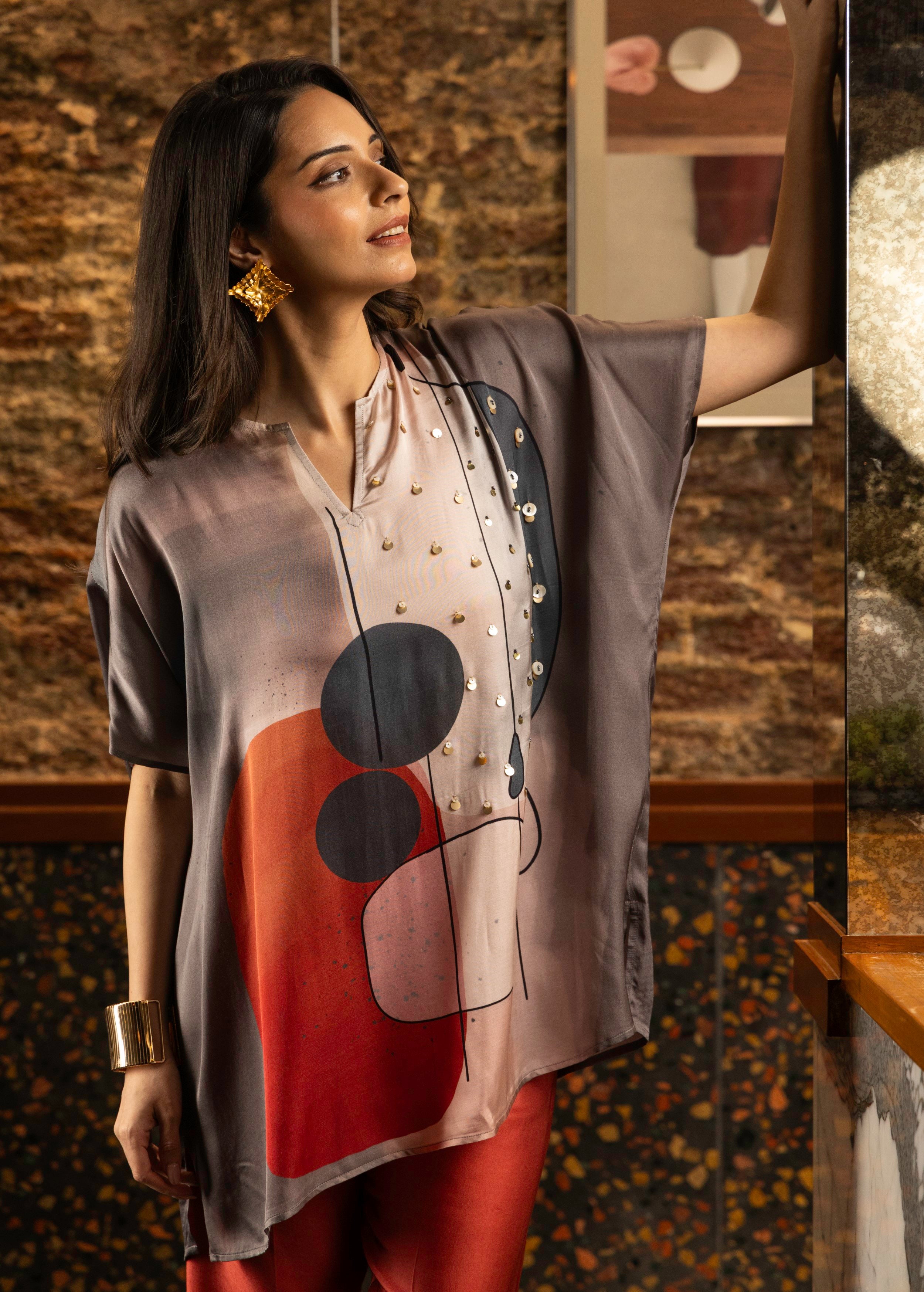 Maroon Abstract Print Satin Silk Kaftan Set