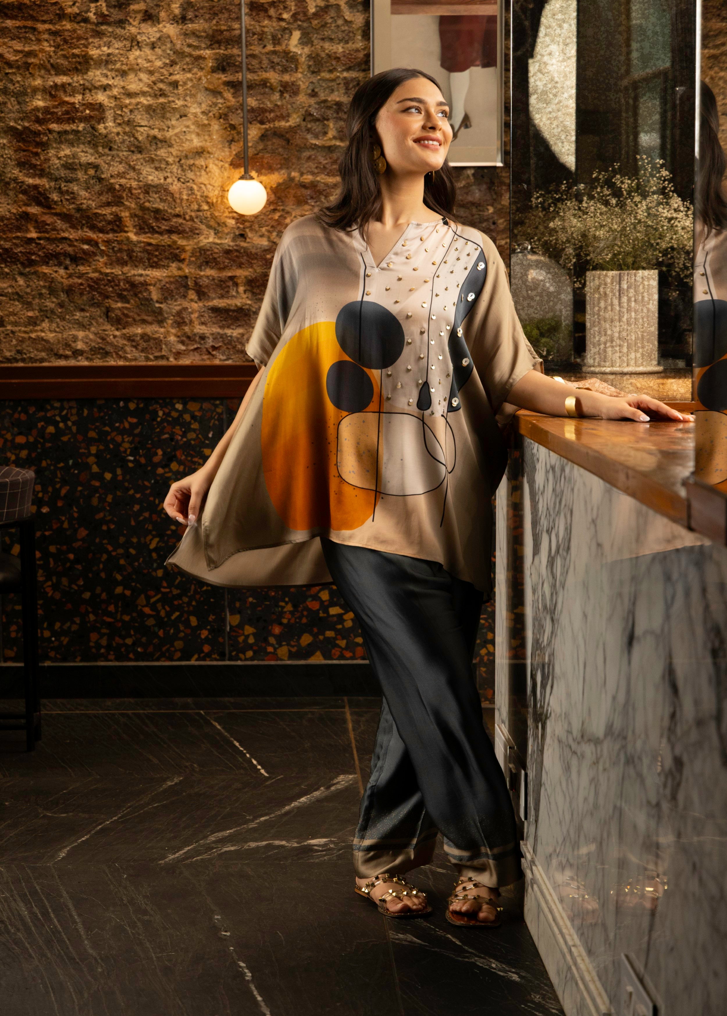 Orange Abstract Print Satin Silk Kaftan Set