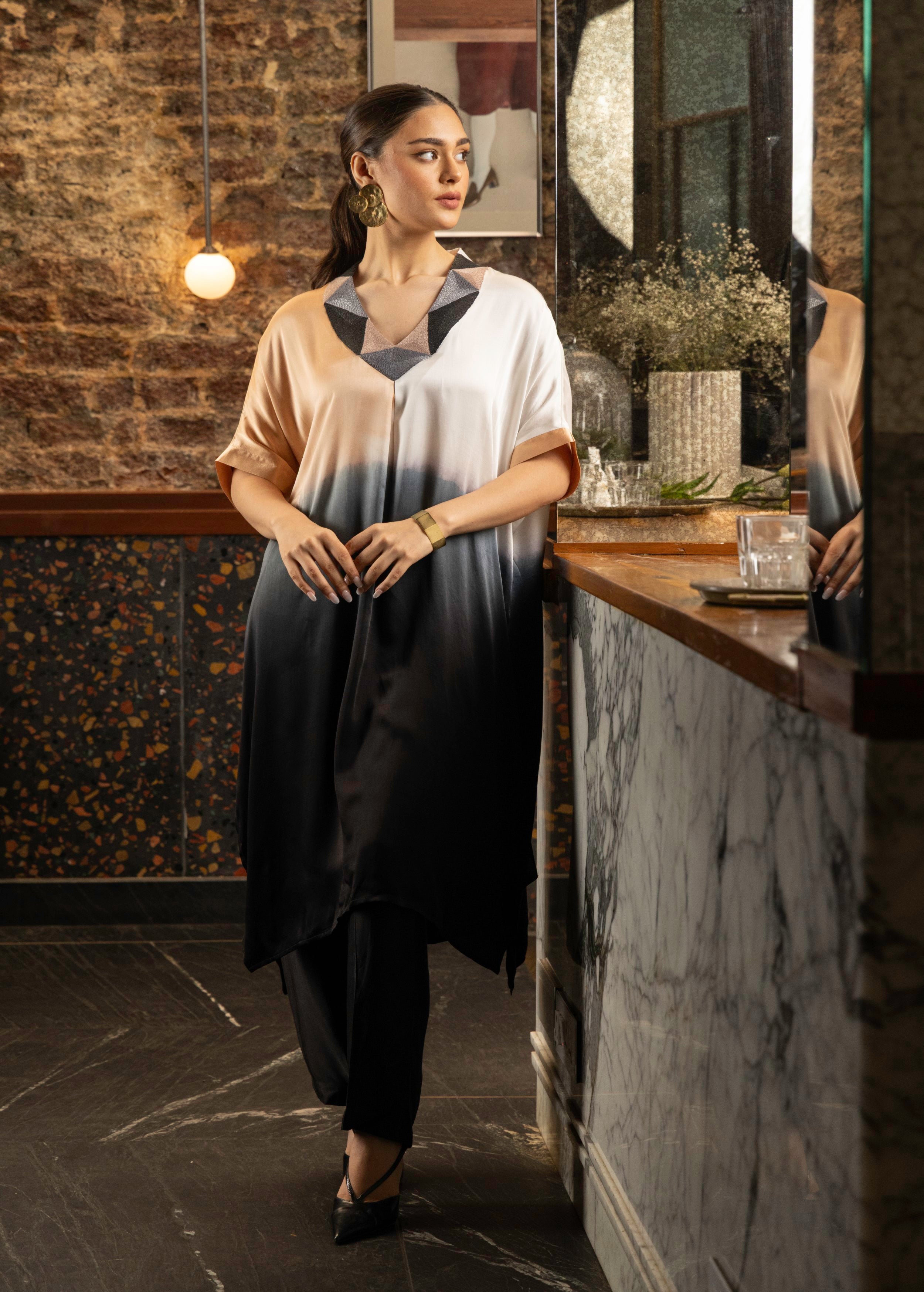Black Ombre Dyed Satin Silk Kurta Set