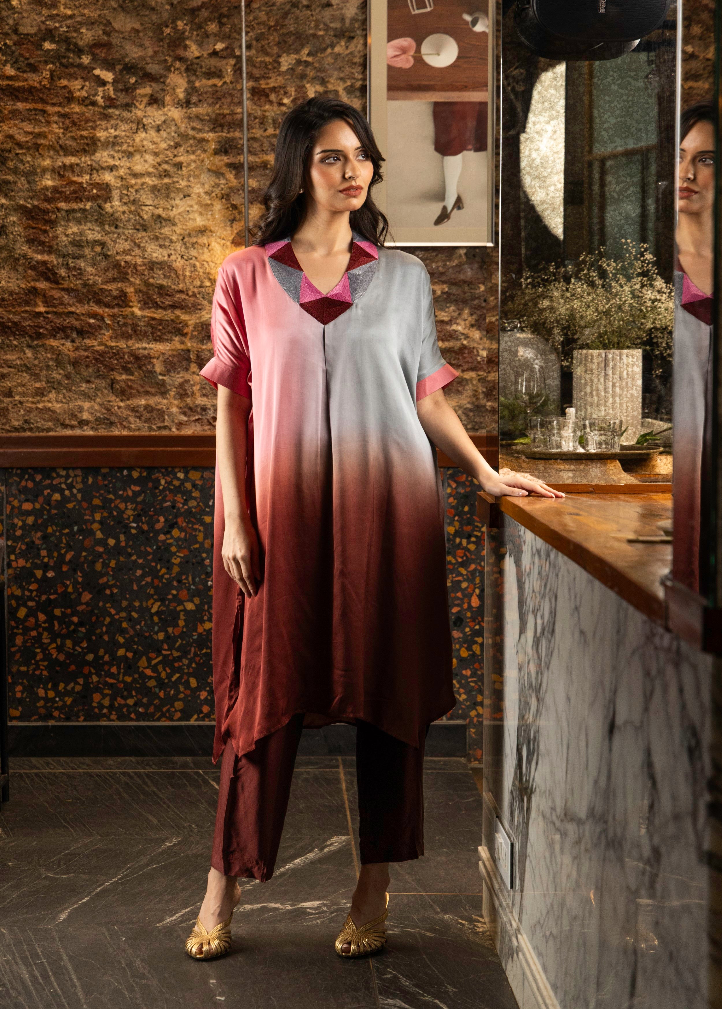 Pink Ombre Dyed Satin Silk Kurta Set