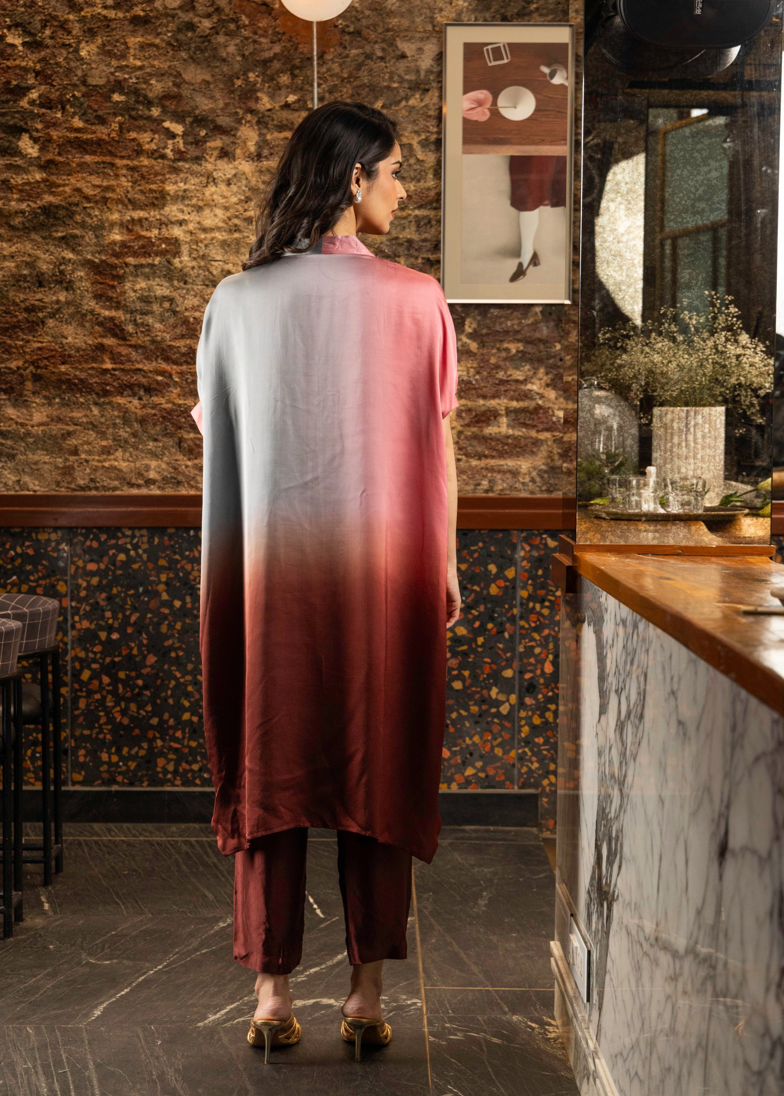Pink Ombre Dyed Satin Silk Kurta Set