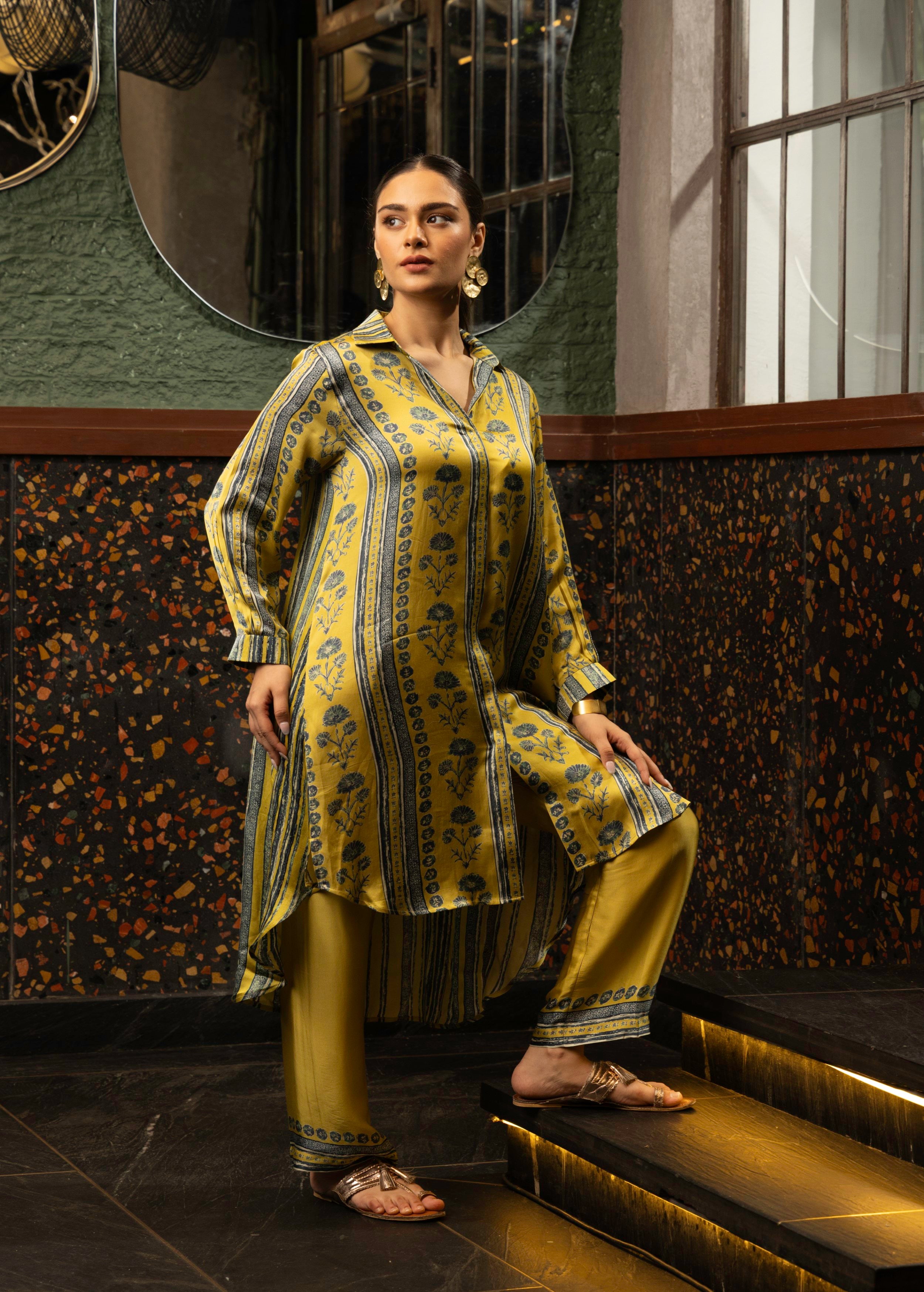 Yellow Stripe Print Satin Silk Co-Ord Set