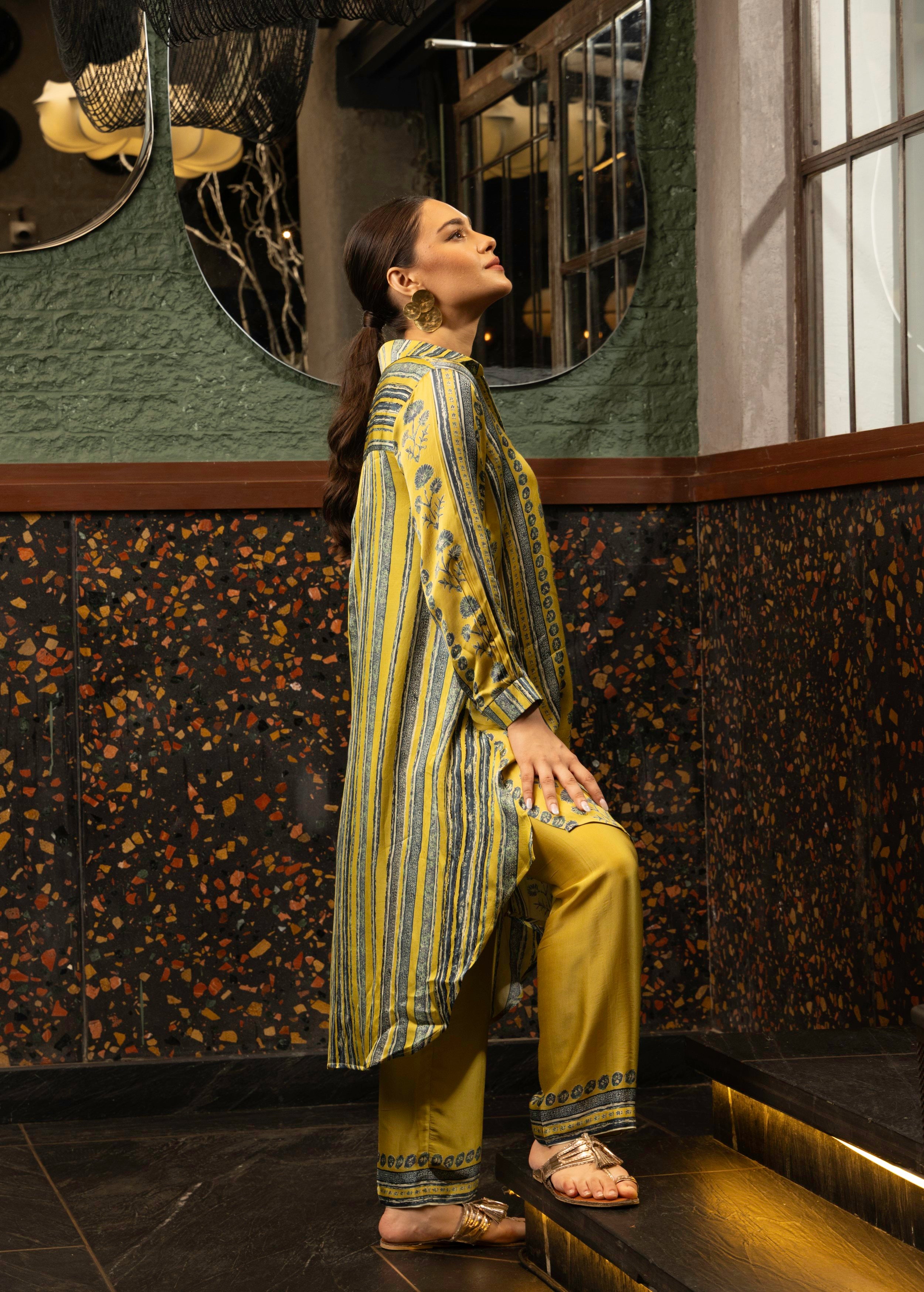 Yellow Stripe Print Satin Silk Co-Ord Set