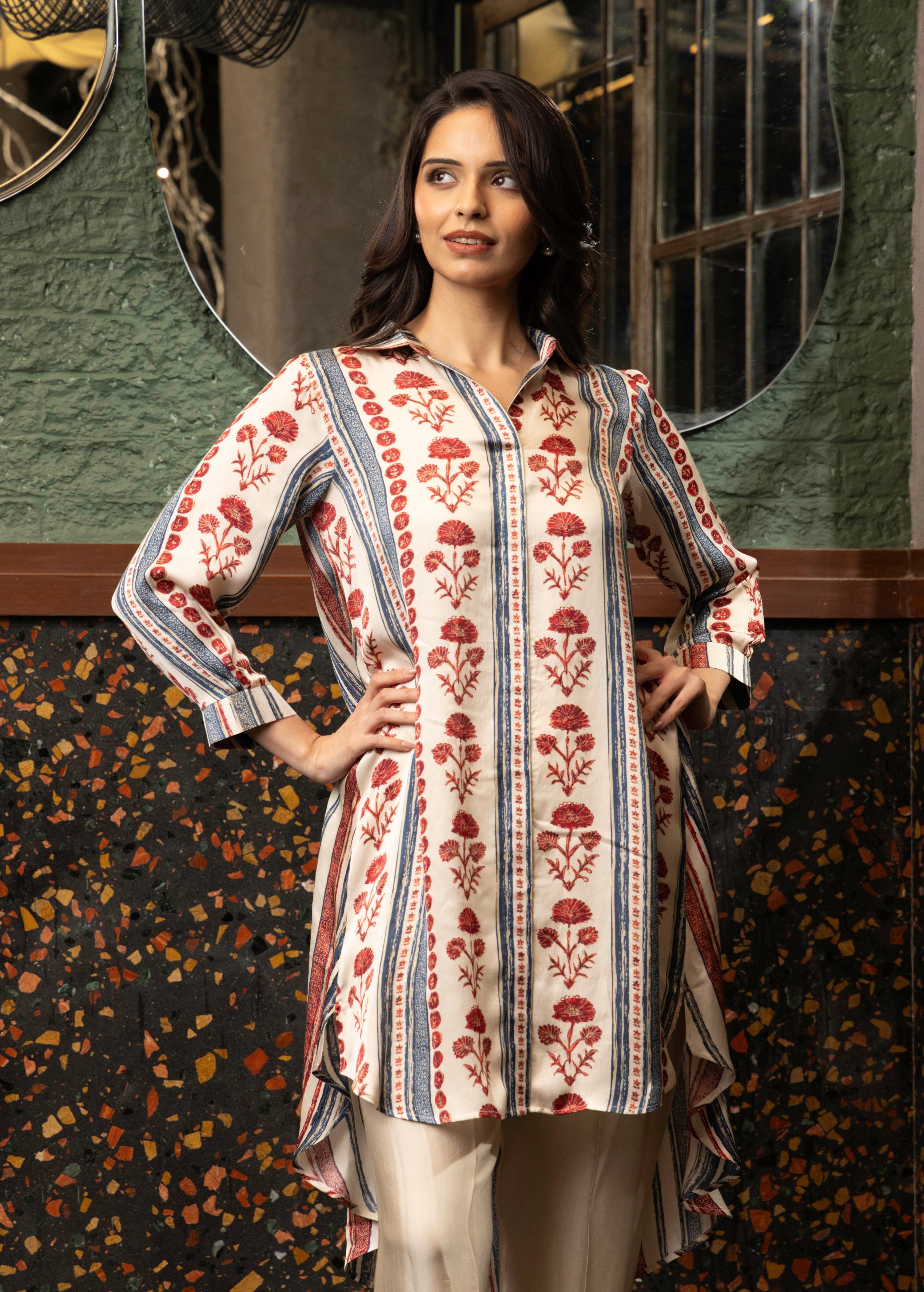 Ivory Stripe Print Satin Silk Co-Ord Set