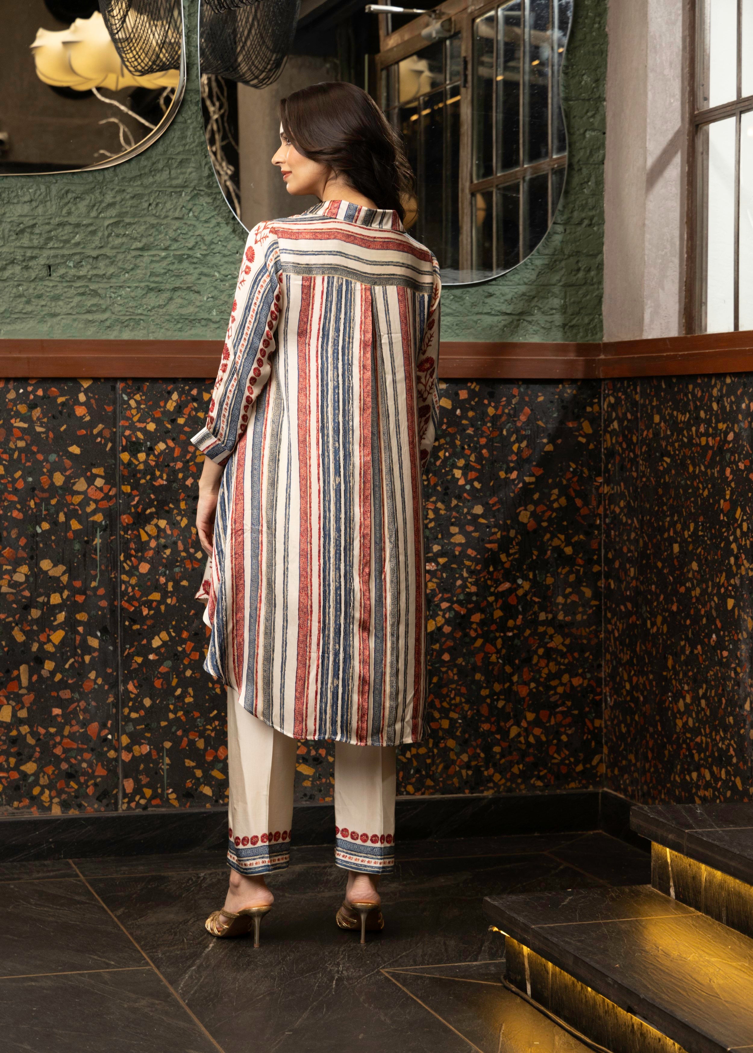 Ivory Stripe Print Satin Silk Co-Ord Set