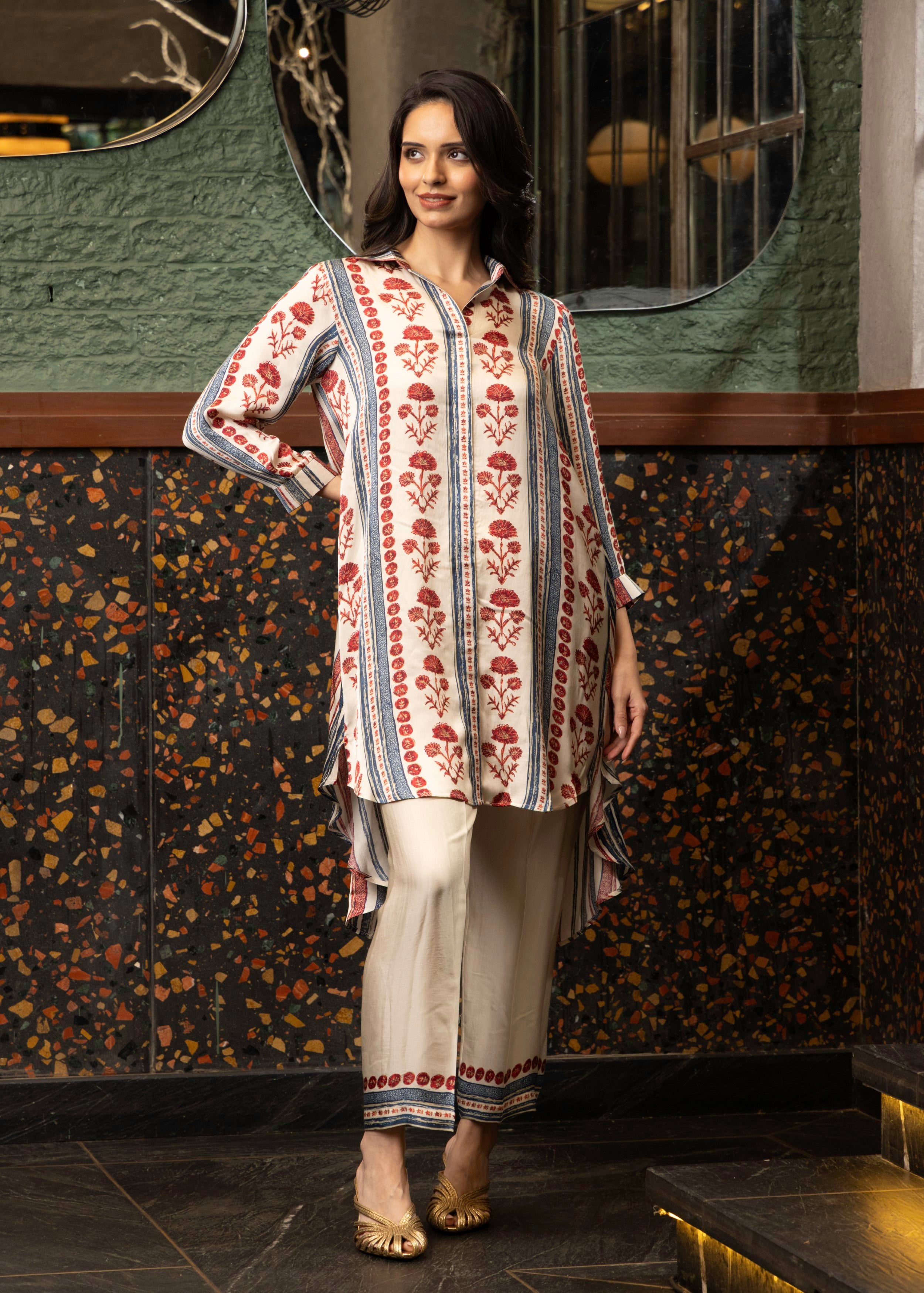 Ivory Stripe Print Satin Silk Co-Ord Set
