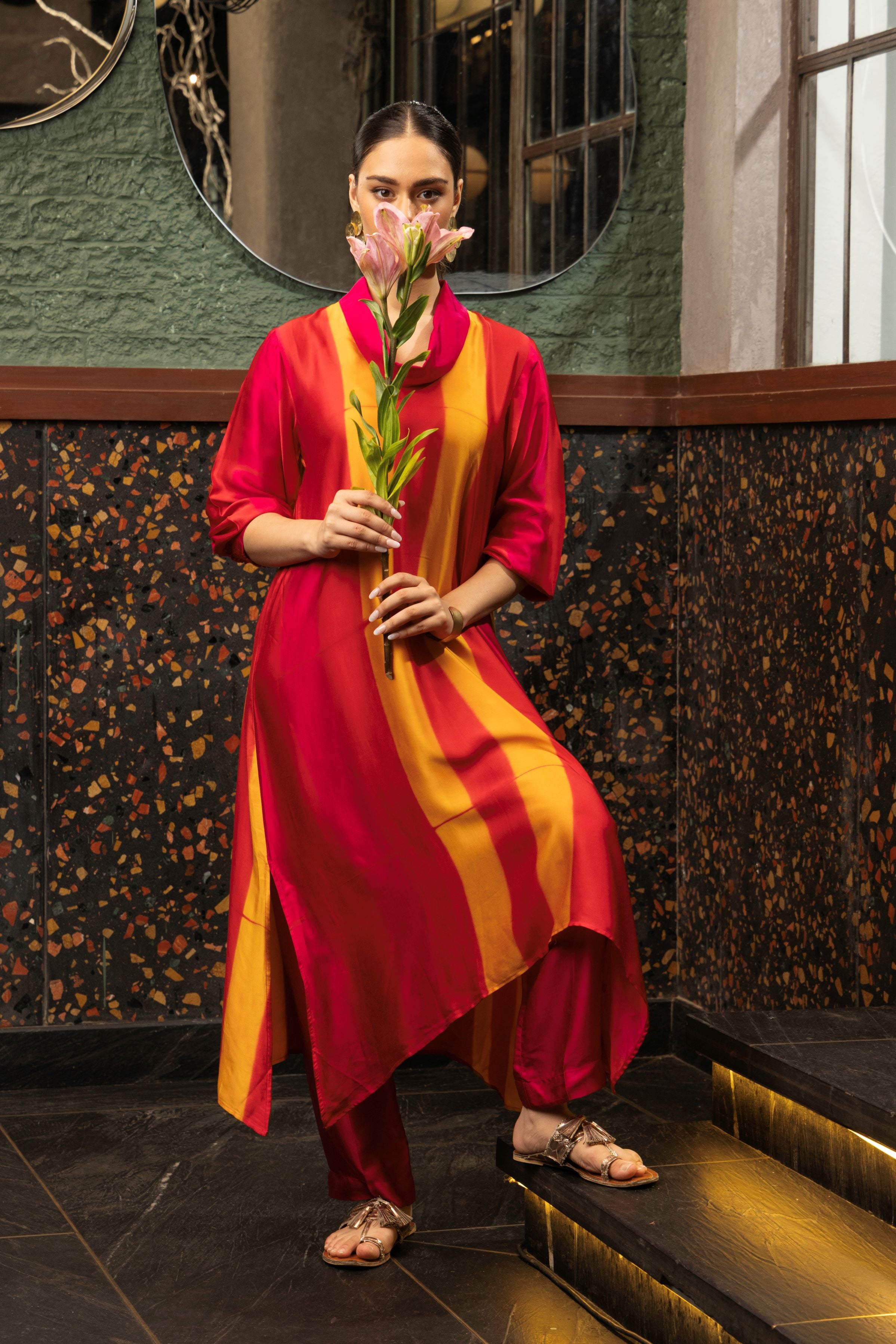 Magenta Pink Satin Silk Striped Kurta Set