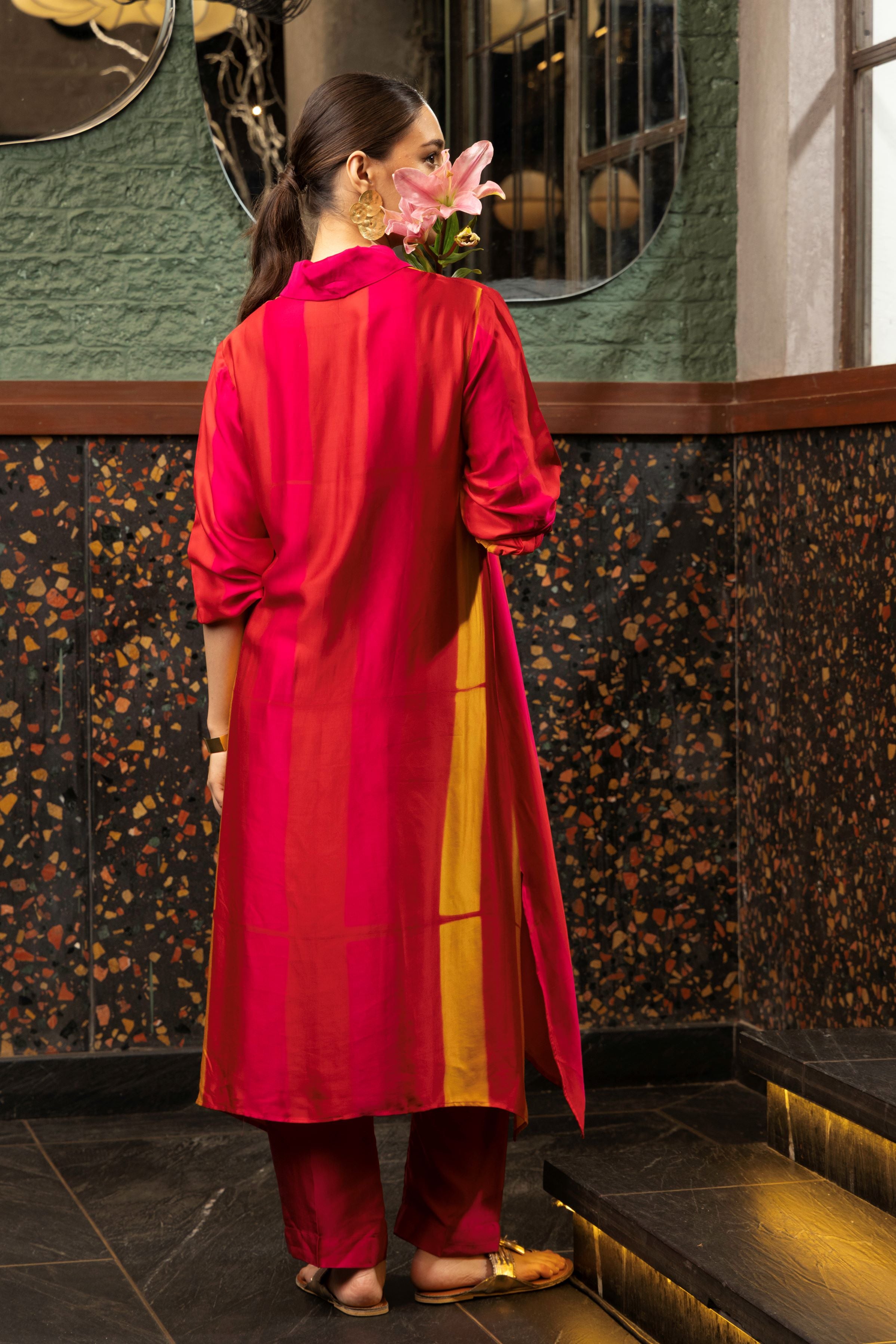 Magenta Pink Satin Silk Striped Kurta Set