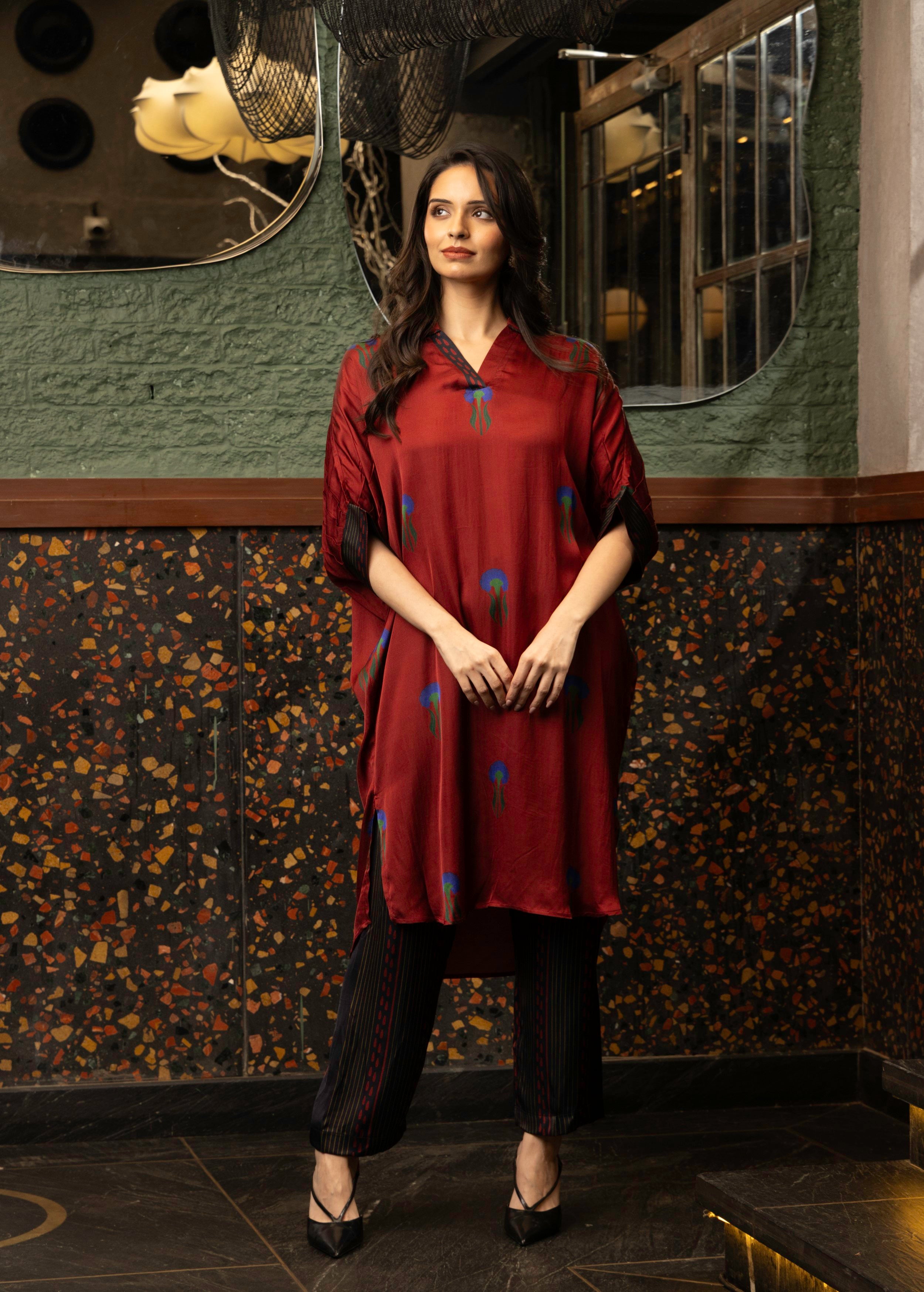 Maroon Botnical Printed Satin Silk Kurta Set