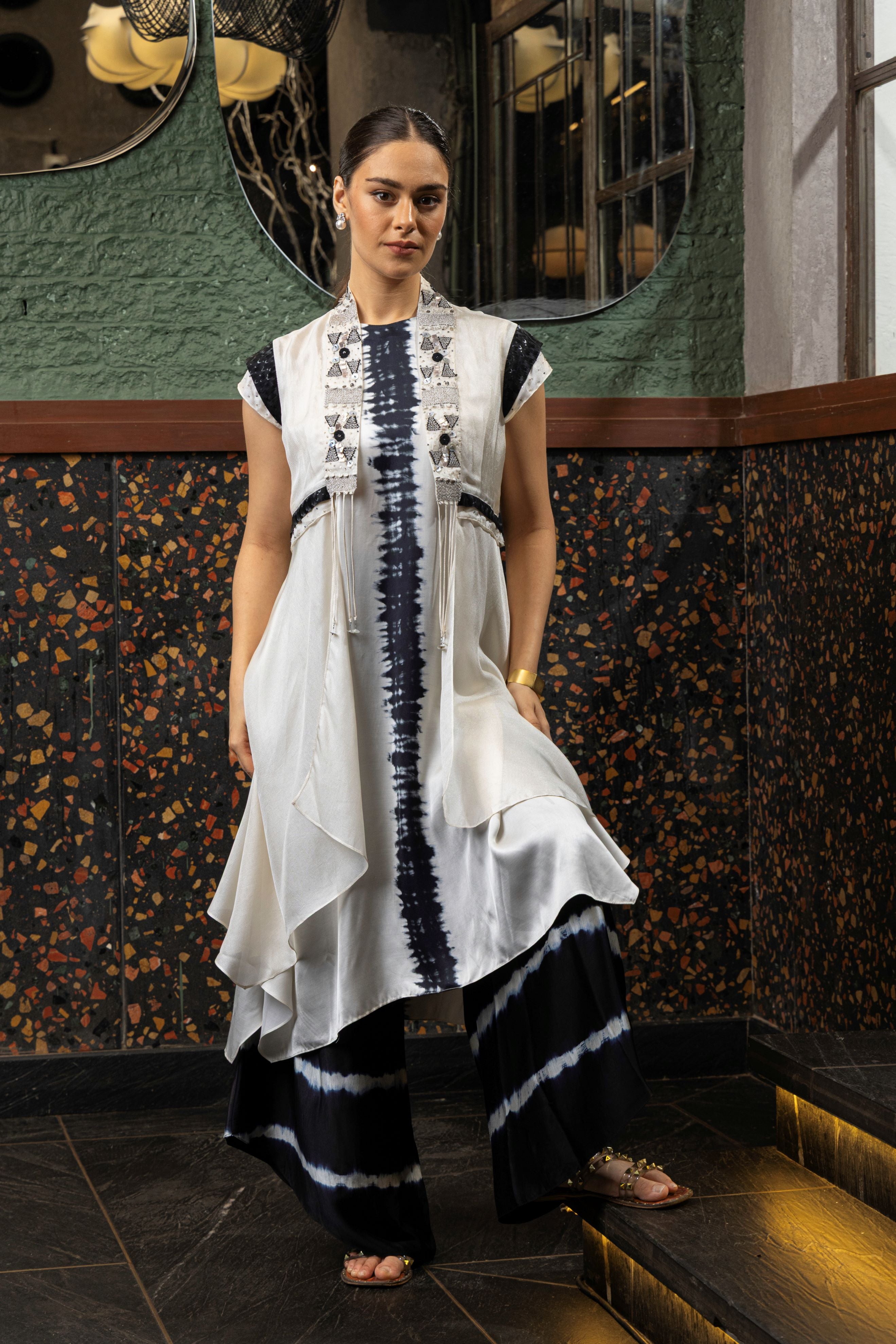 Off White Tie-Dye Satin Silk Palazzo Set