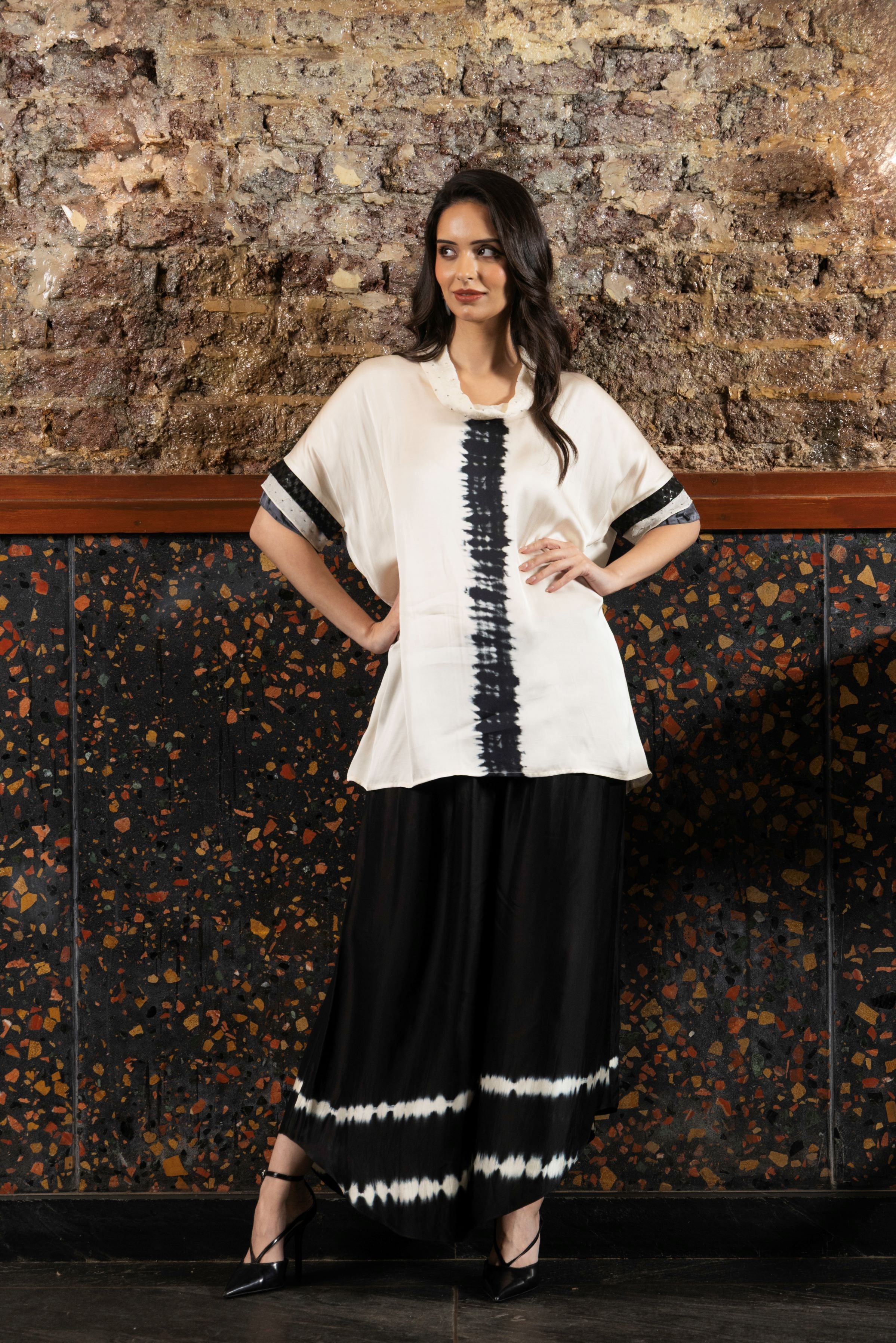 Black And White Satin Silk Tie-Dye Co-Ord Set