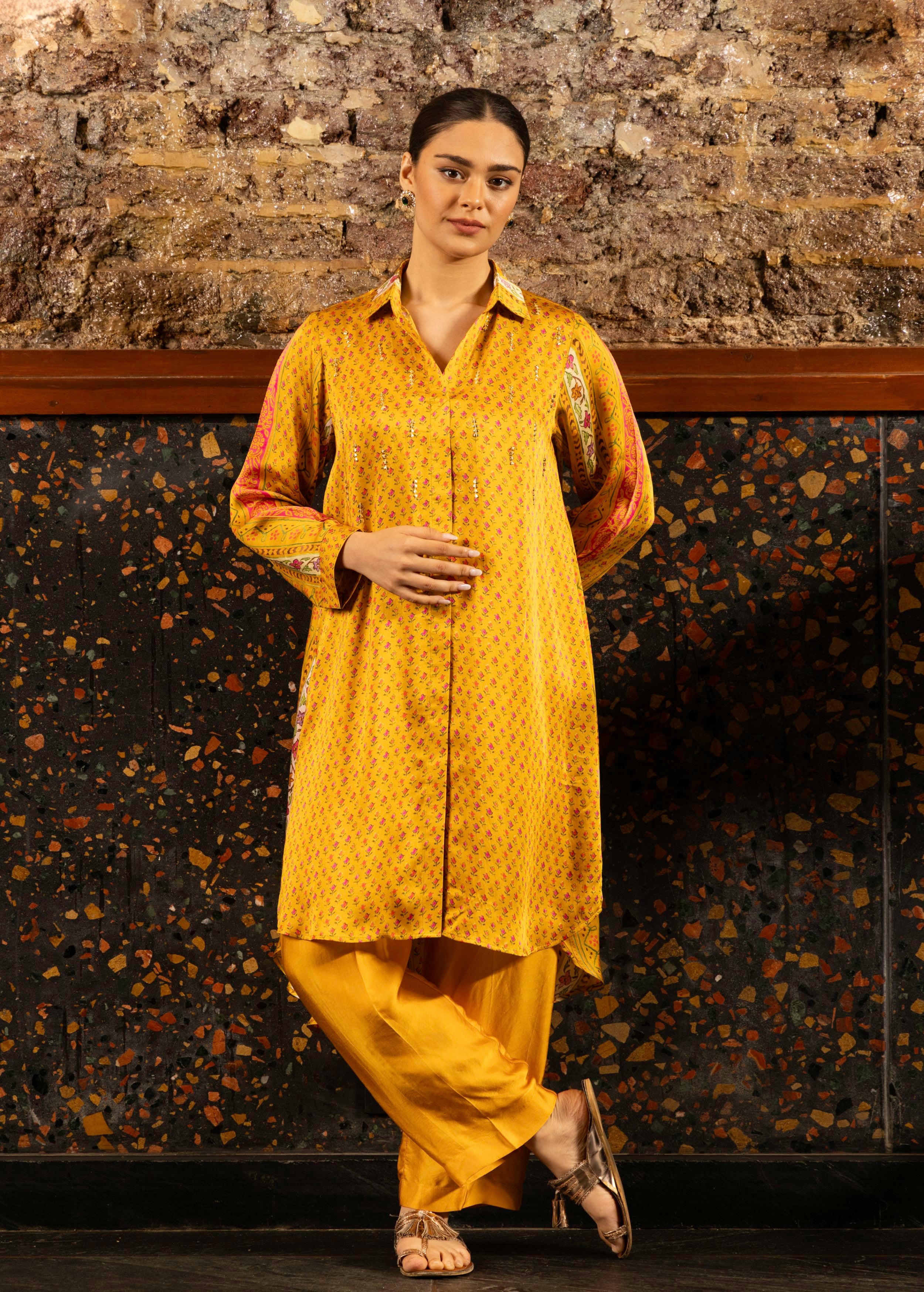 Mustard Yellow Printed Satin Silk Kurta Set
