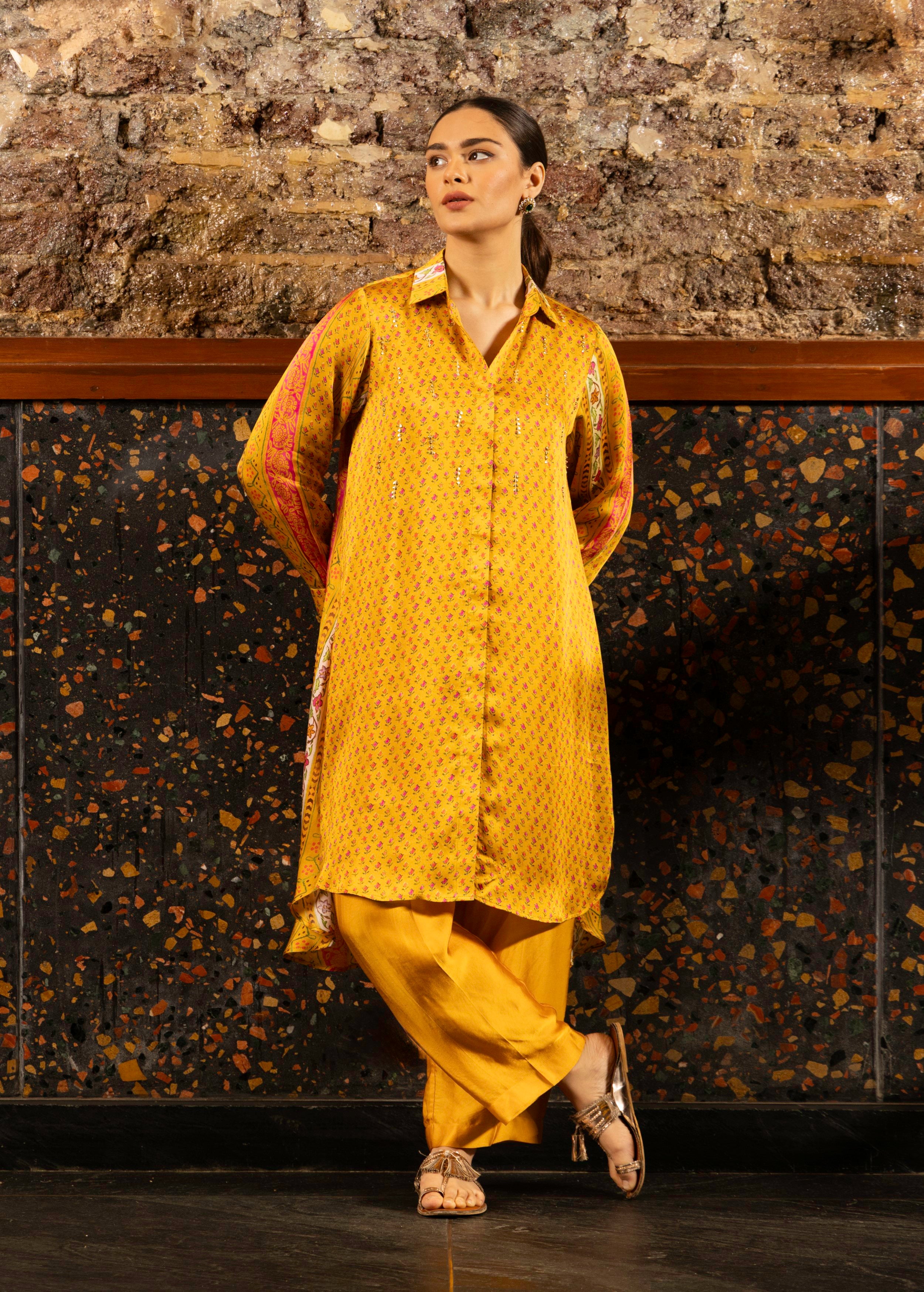 Mustard Yellow Printed Satin Silk Kurta Set
