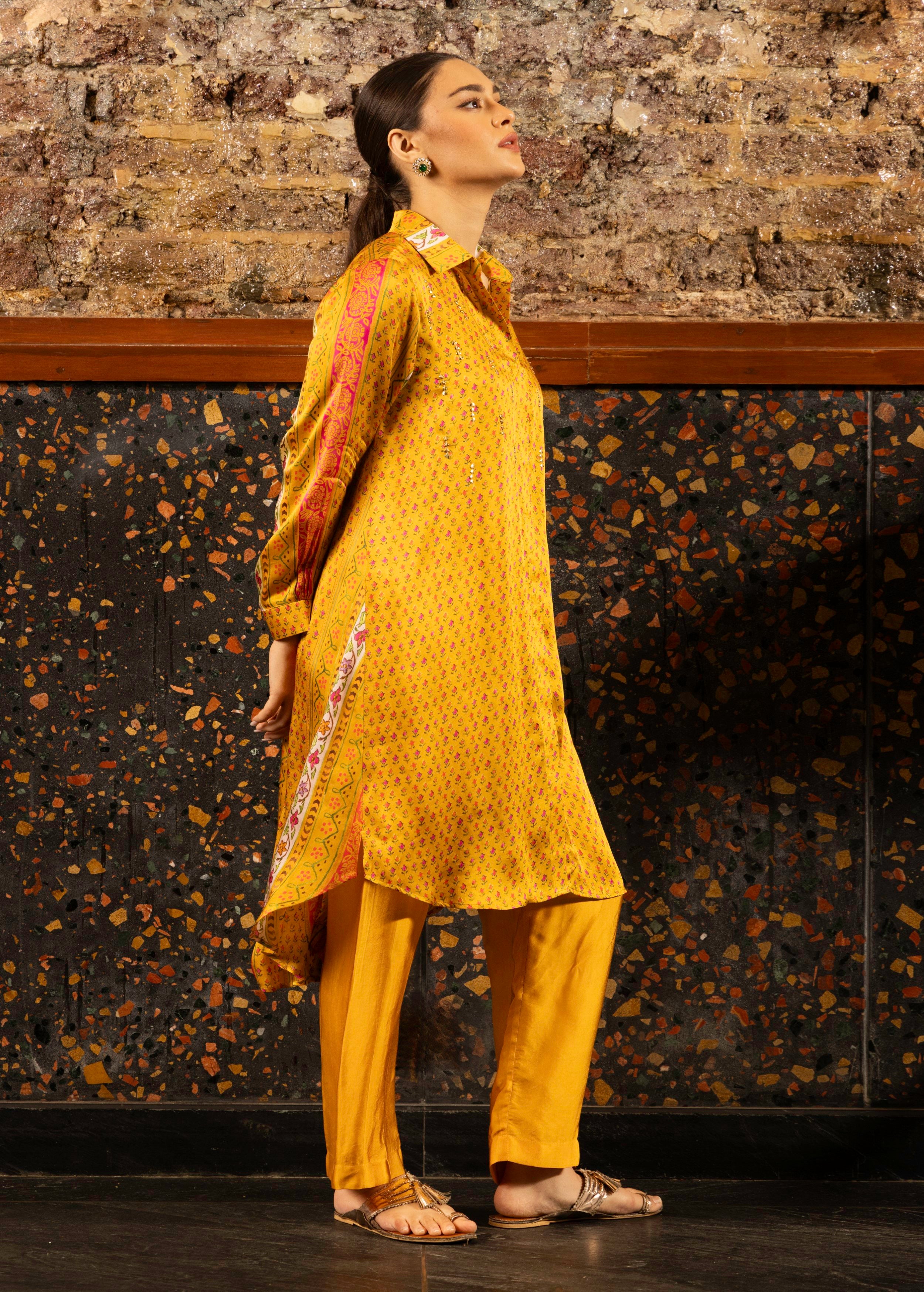 Mustard Yellow Printed Satin Silk Kurta Set
