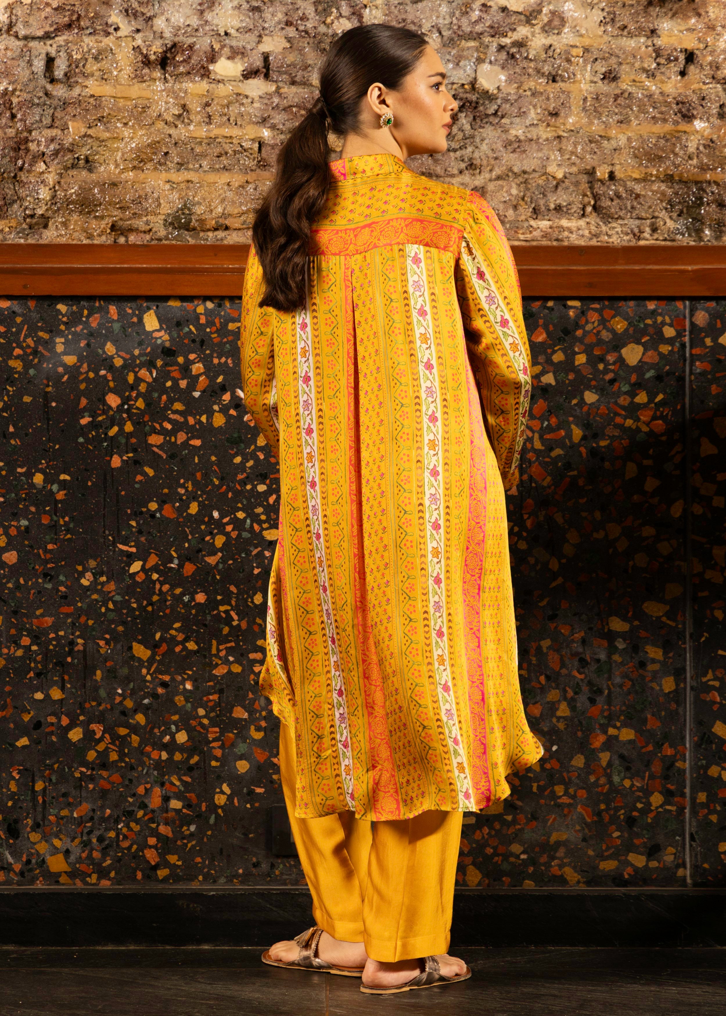 Mustard Yellow Printed Satin Silk Kurta Set