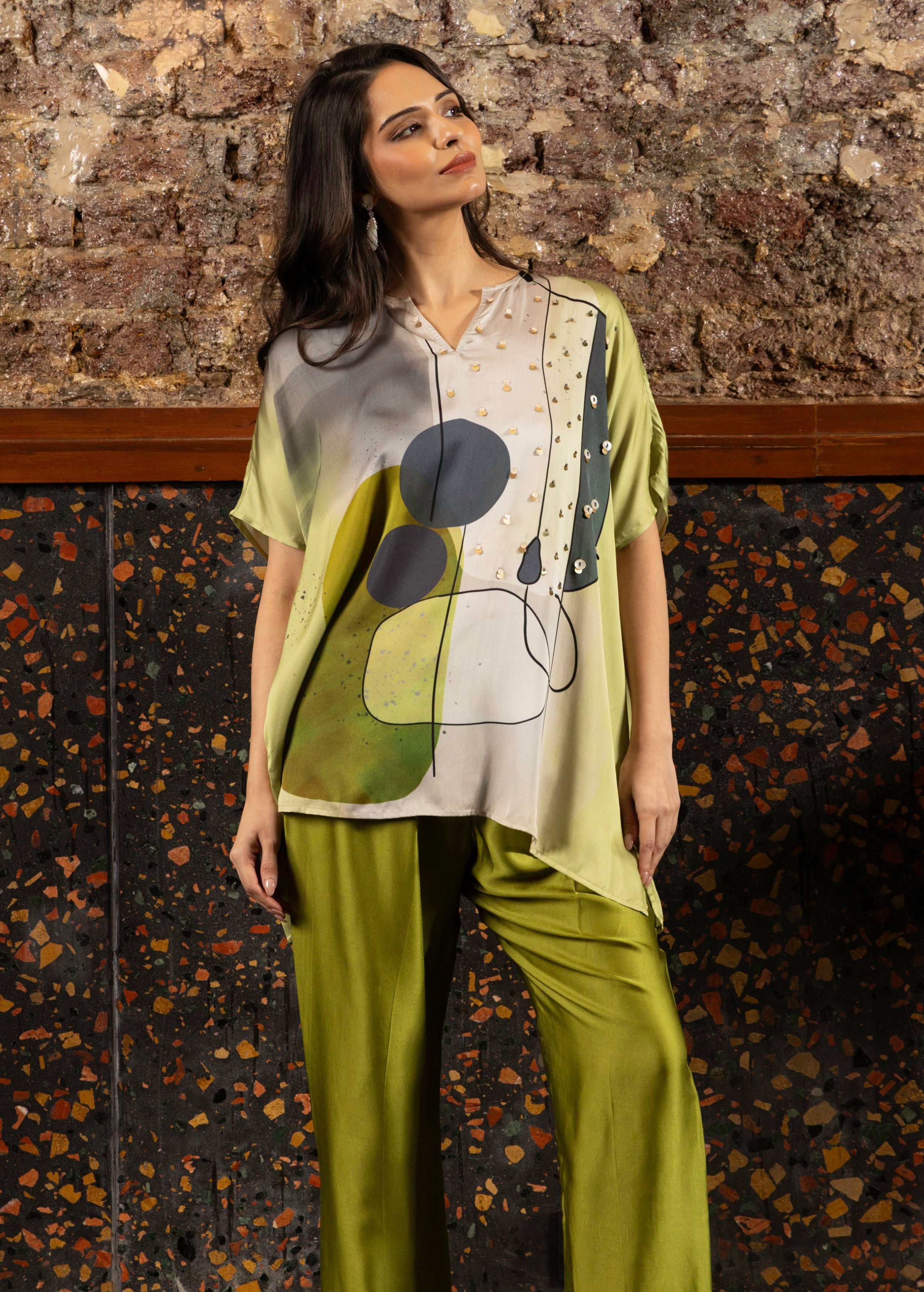 Olive Green Abstract Print Satin Silk Kaftan Set