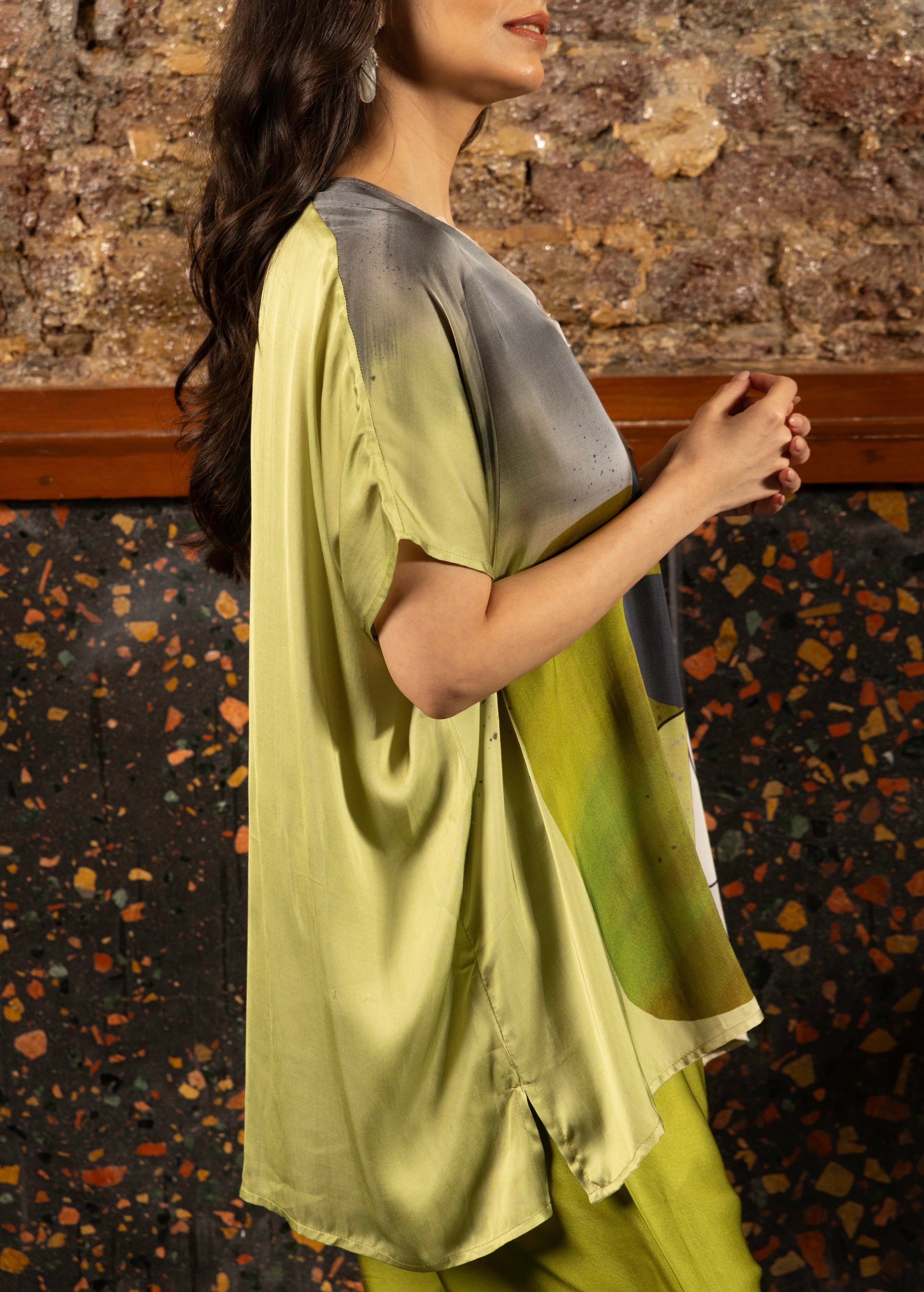 Olive Green Abstract Print Satin Silk Kaftan Set