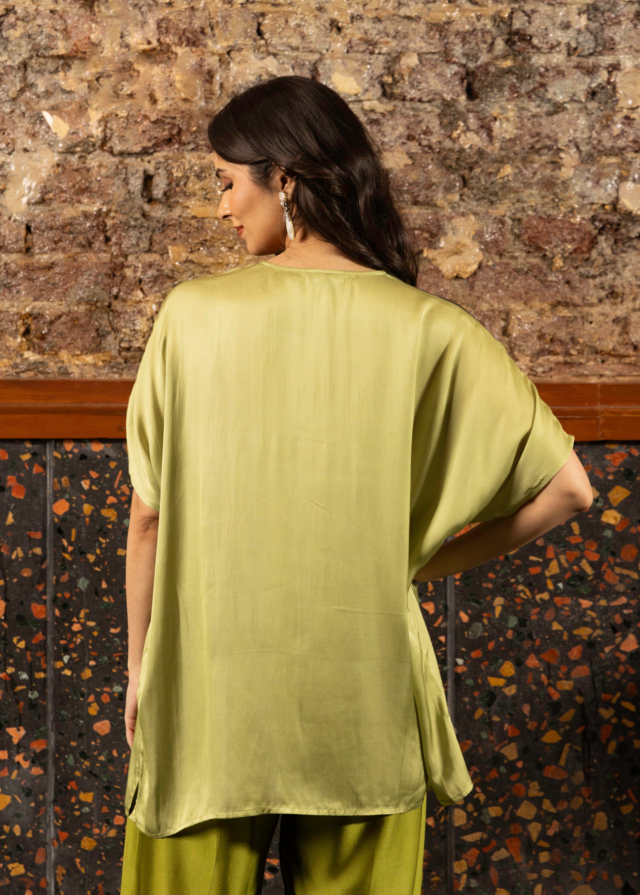 Olive Green Abstract Print Satin Silk Kaftan Set