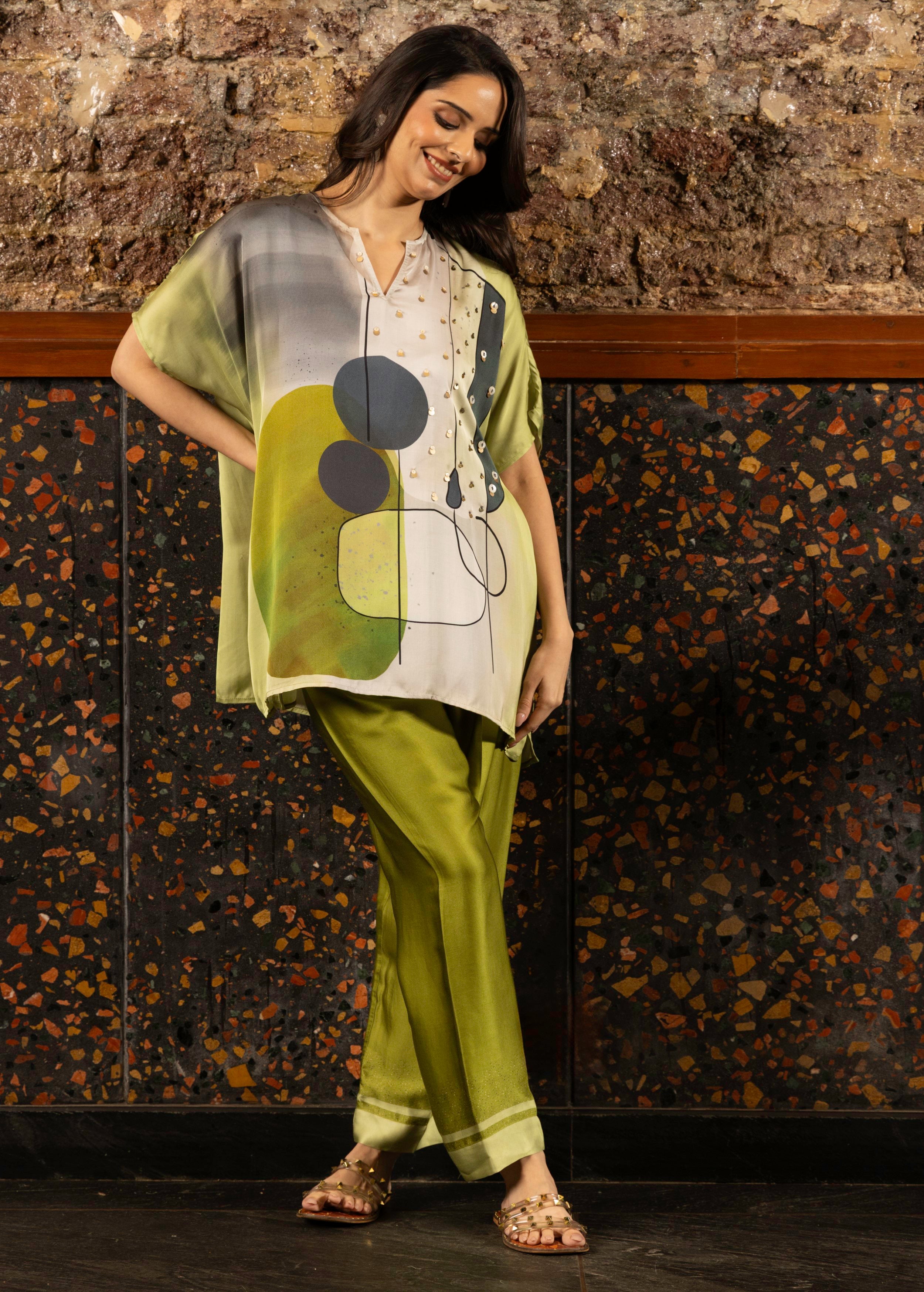 Olive Green Abstract Print Satin Silk Kaftan Set
