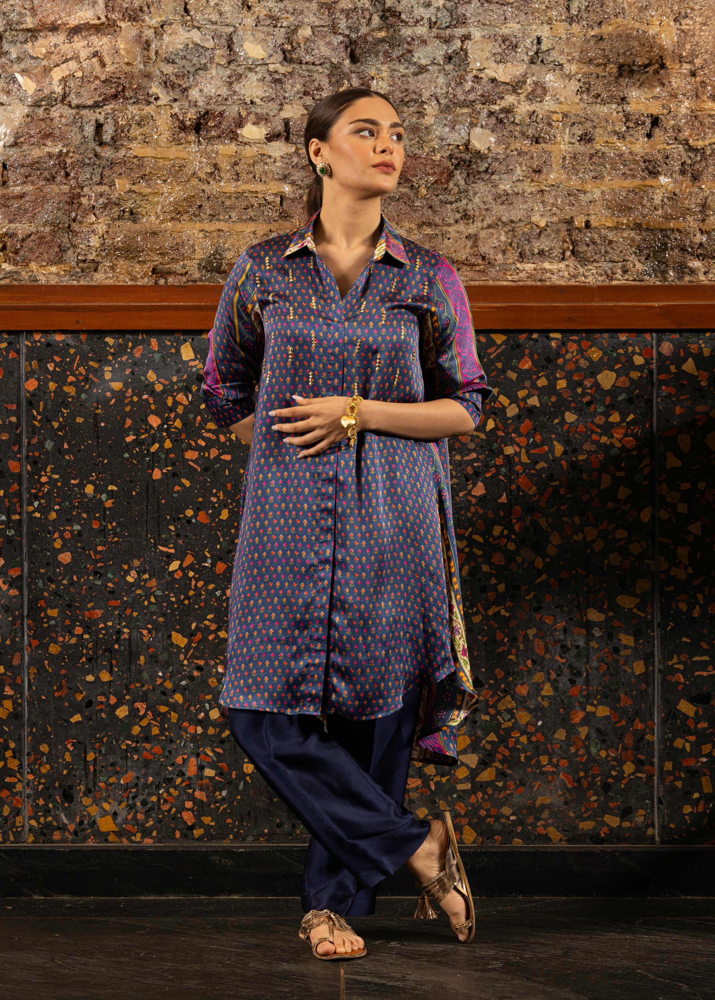 Navy Blue Printed Satin Silk Kurta Set