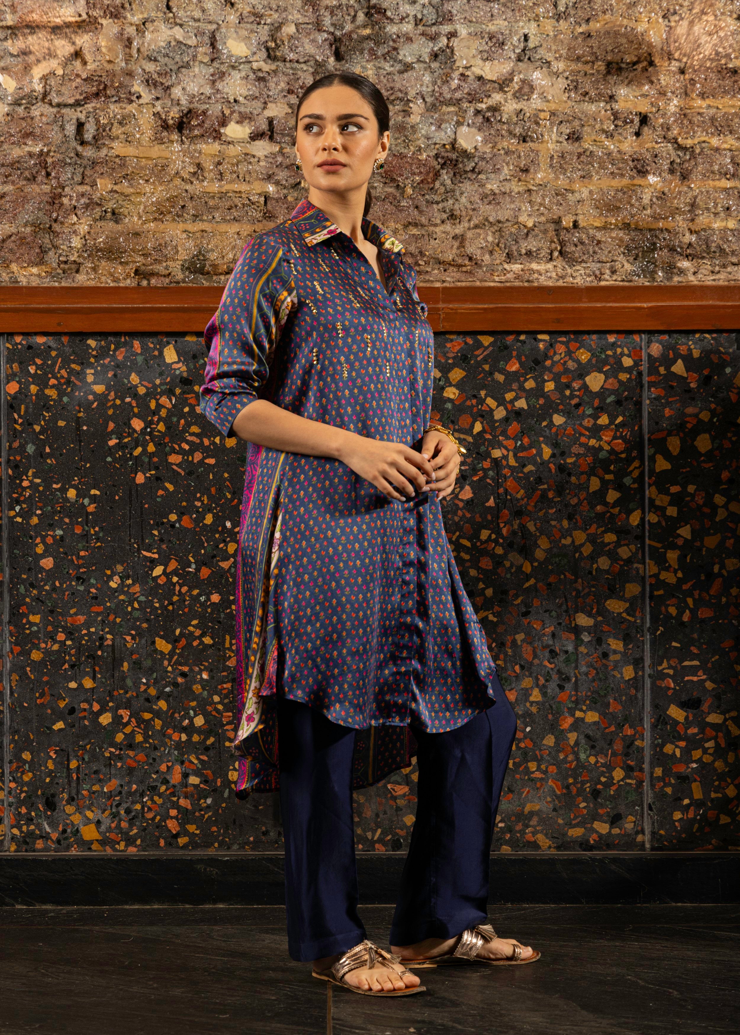 Navy Blue Printed Satin Silk Kurta Set