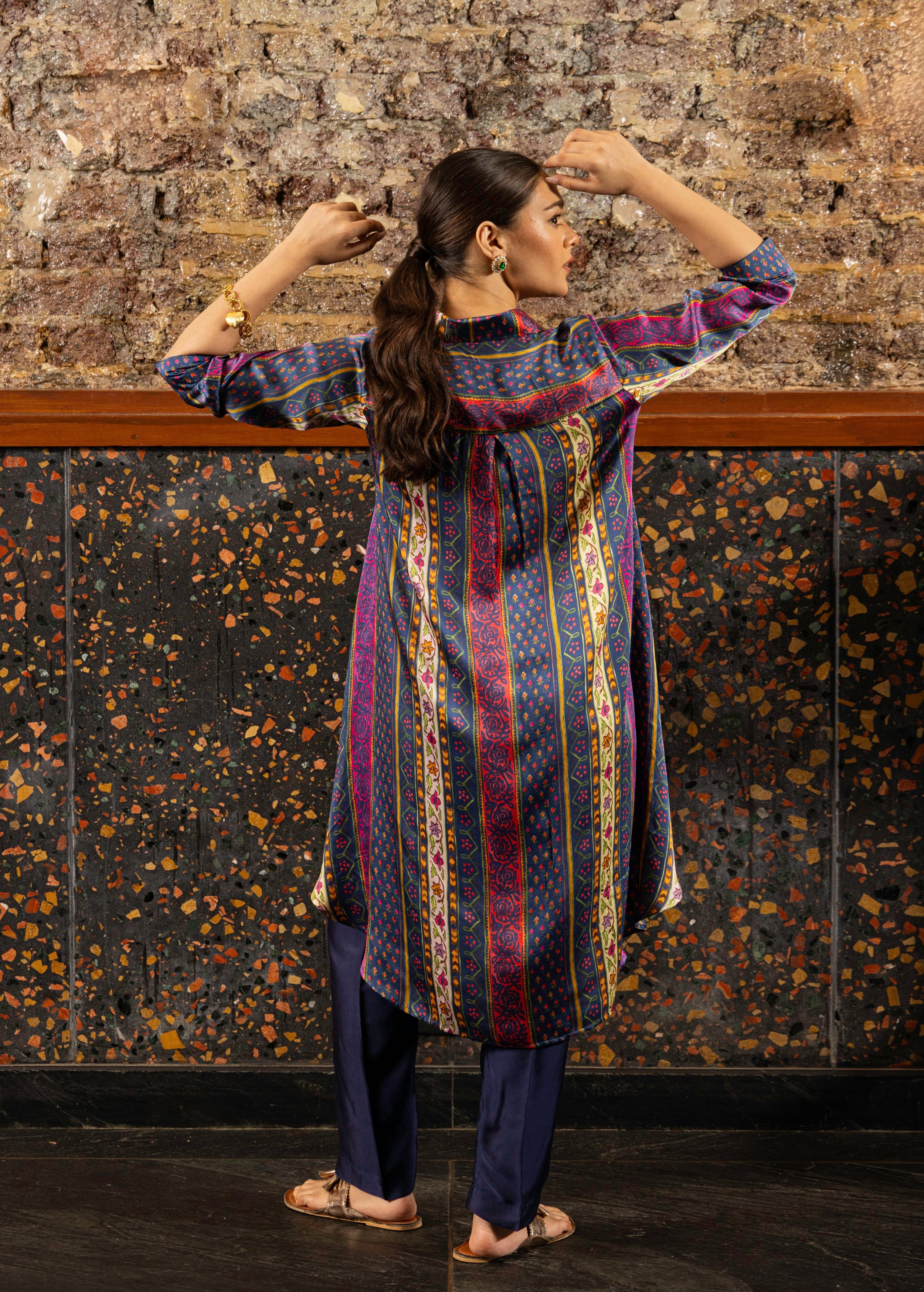 Navy Blue Printed Satin Silk Kurta Set