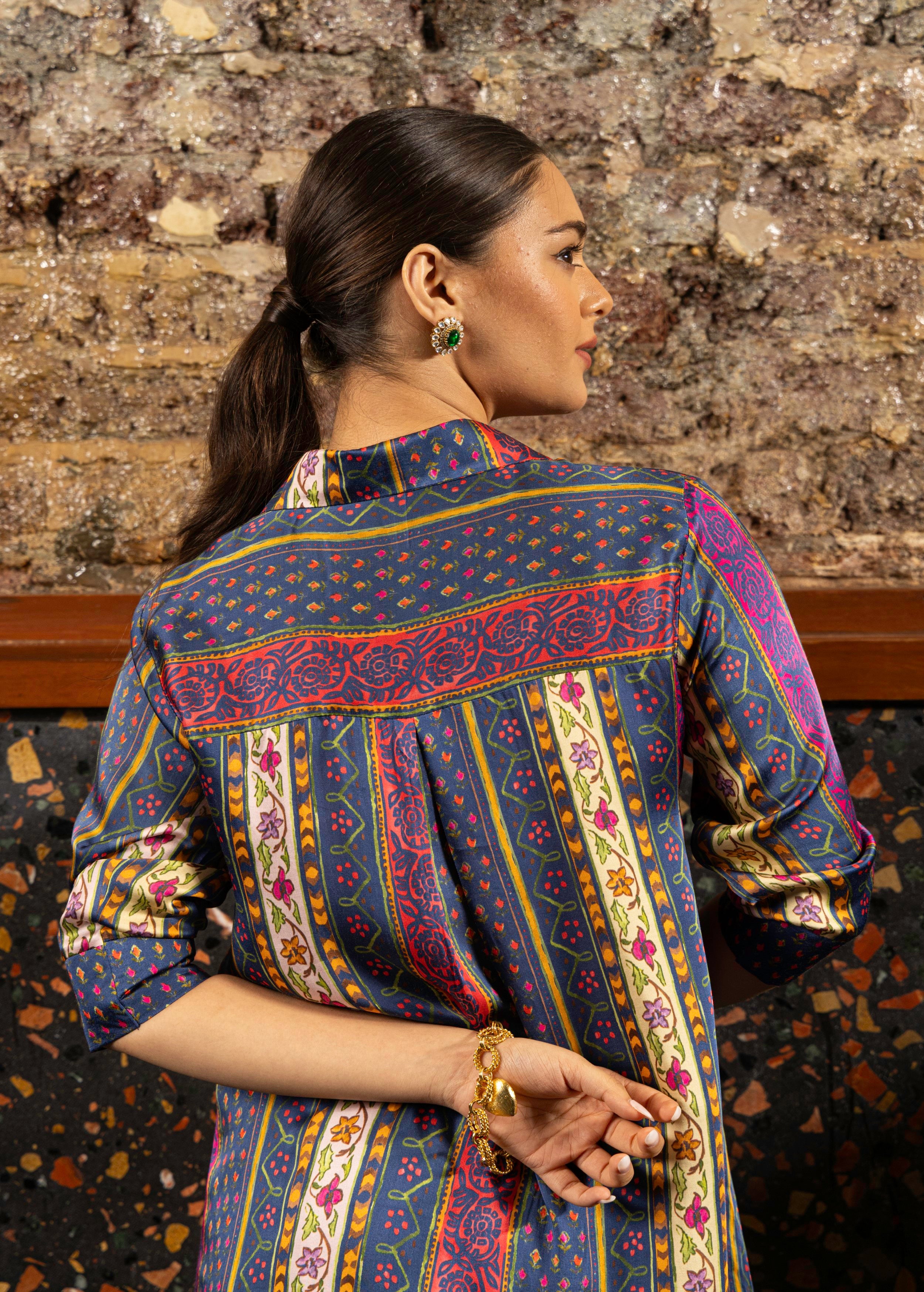 Navy Blue Printed Satin Silk Kurta Set