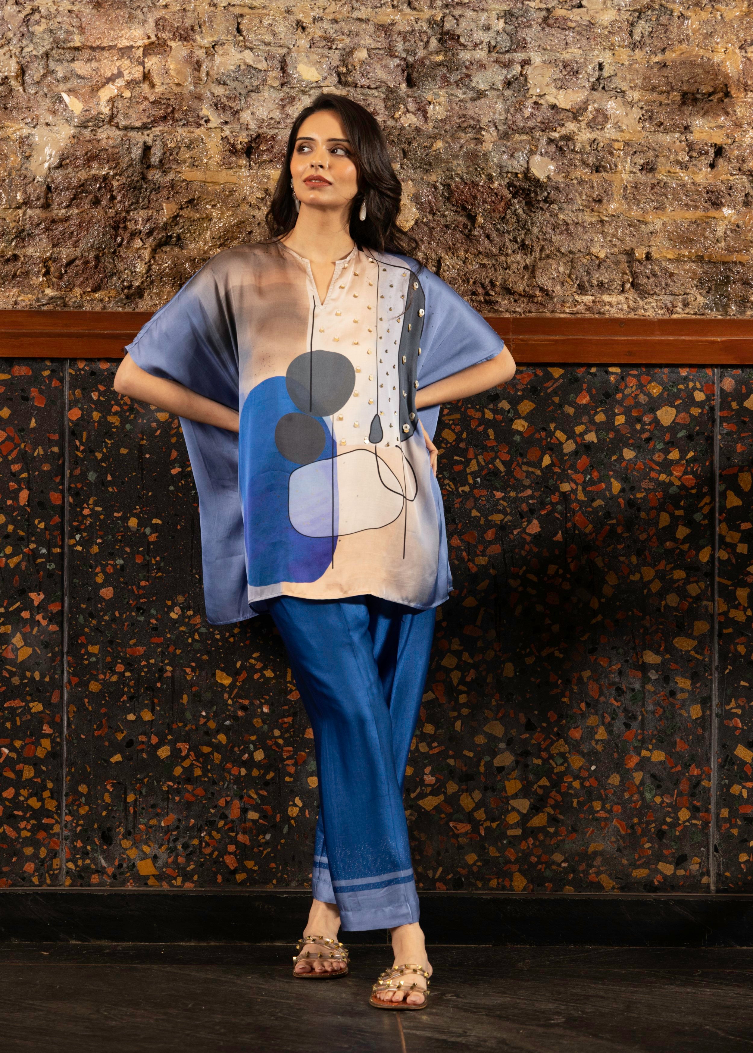 Blue Abstract Print Satin Silk Kaftan Set