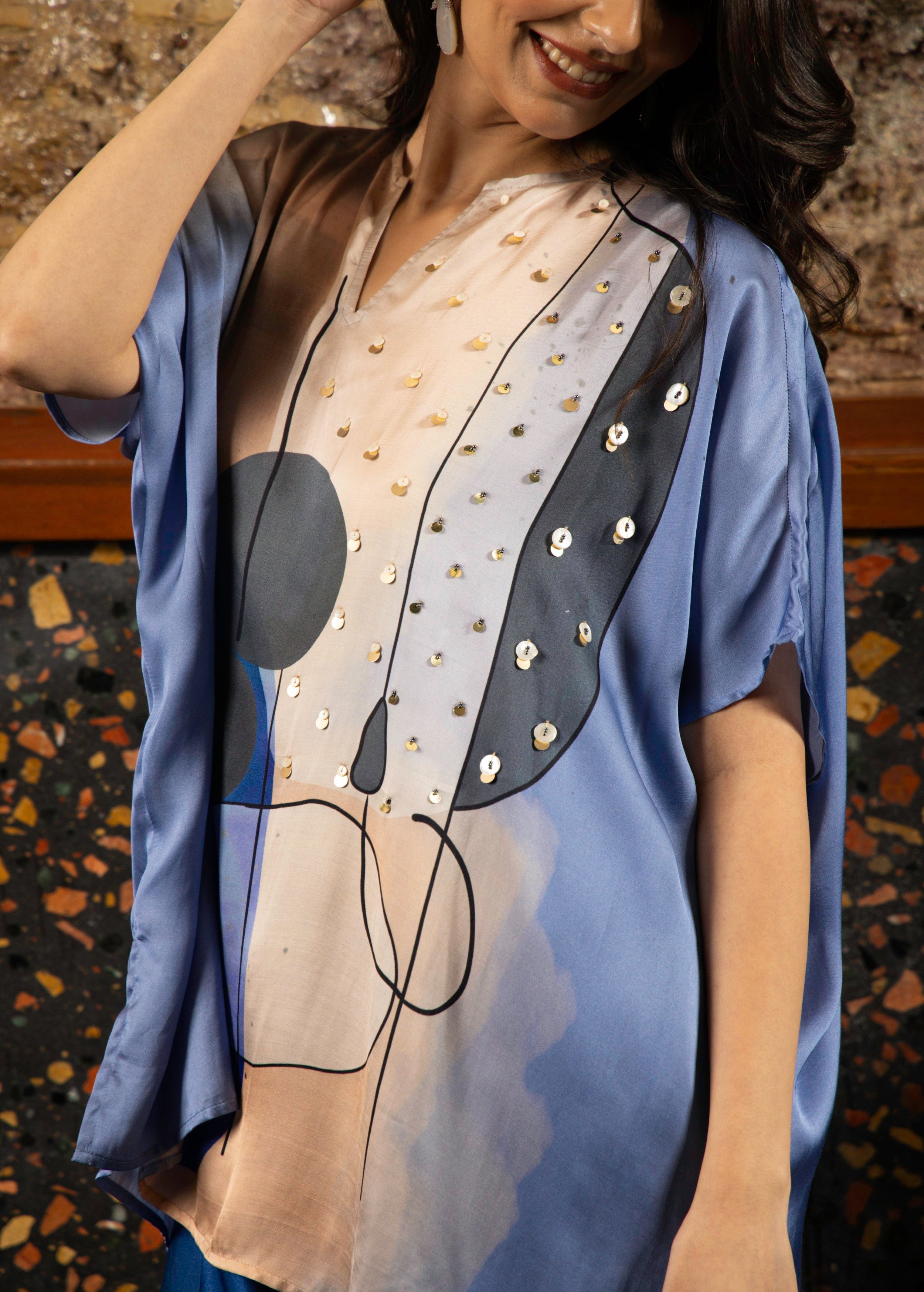 Blue Abstract Print Satin Silk Kaftan Set