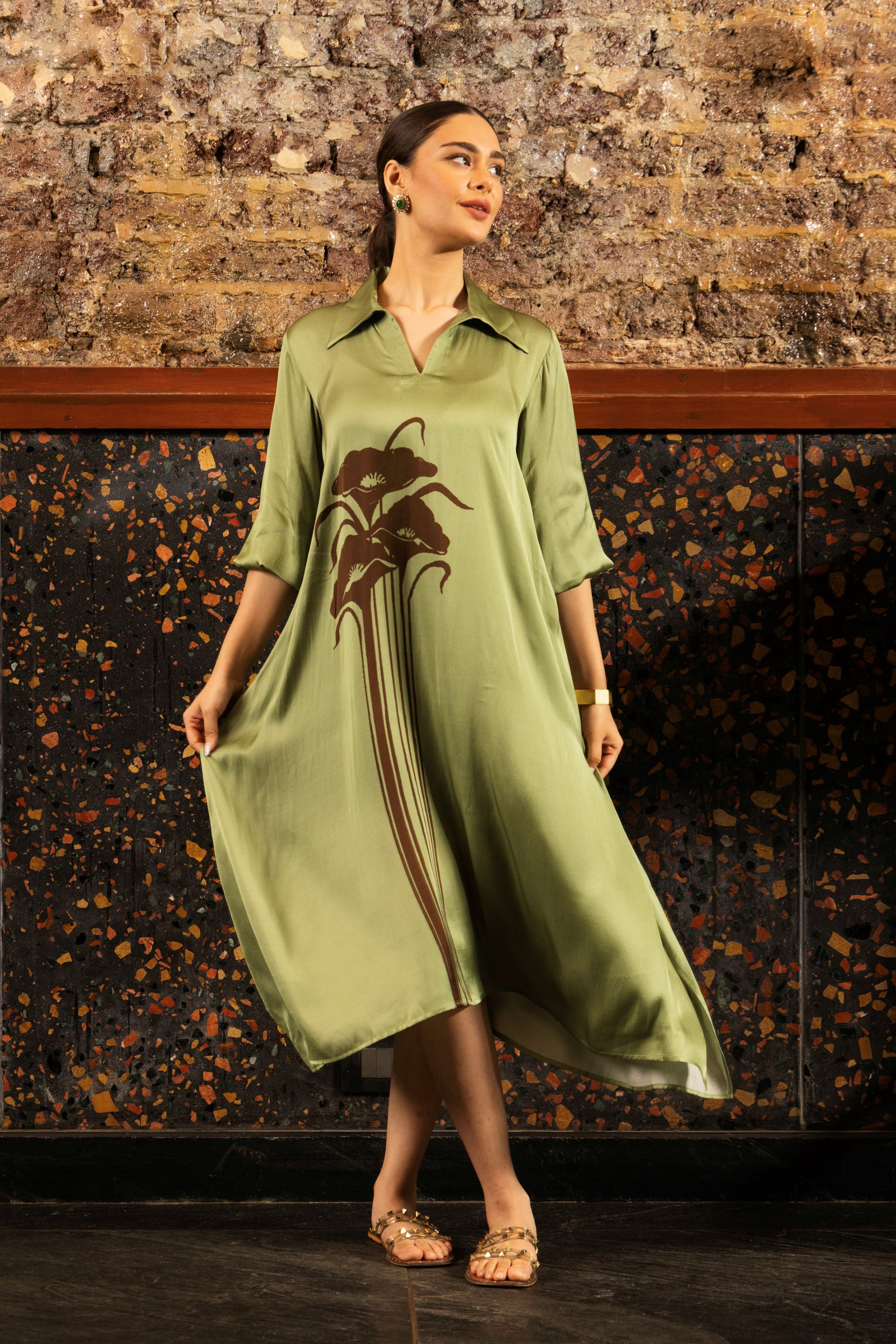 Olive Green Printed Satin Silk Tunic Dress