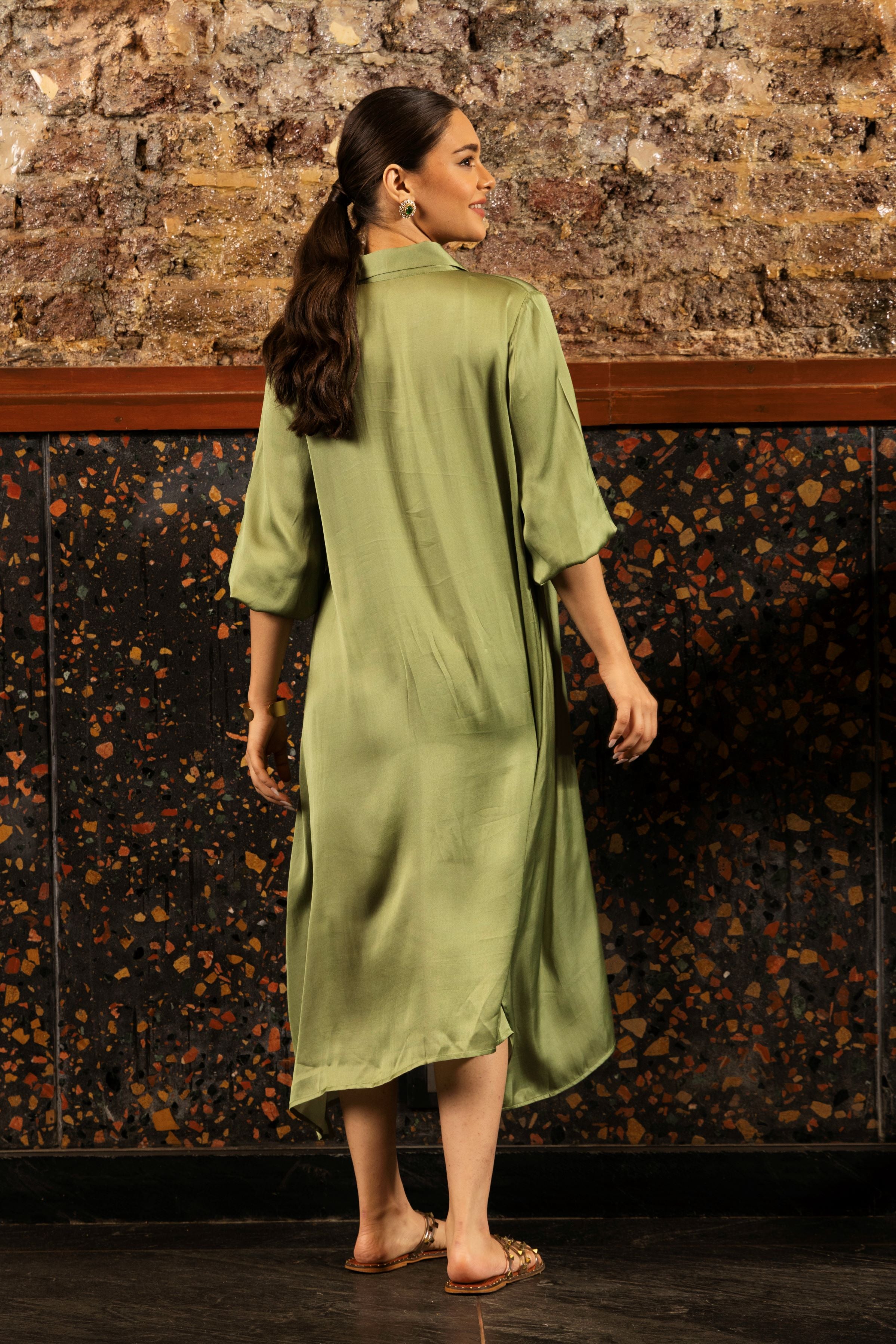 Olive Green Printed Satin Silk Tunic Dress