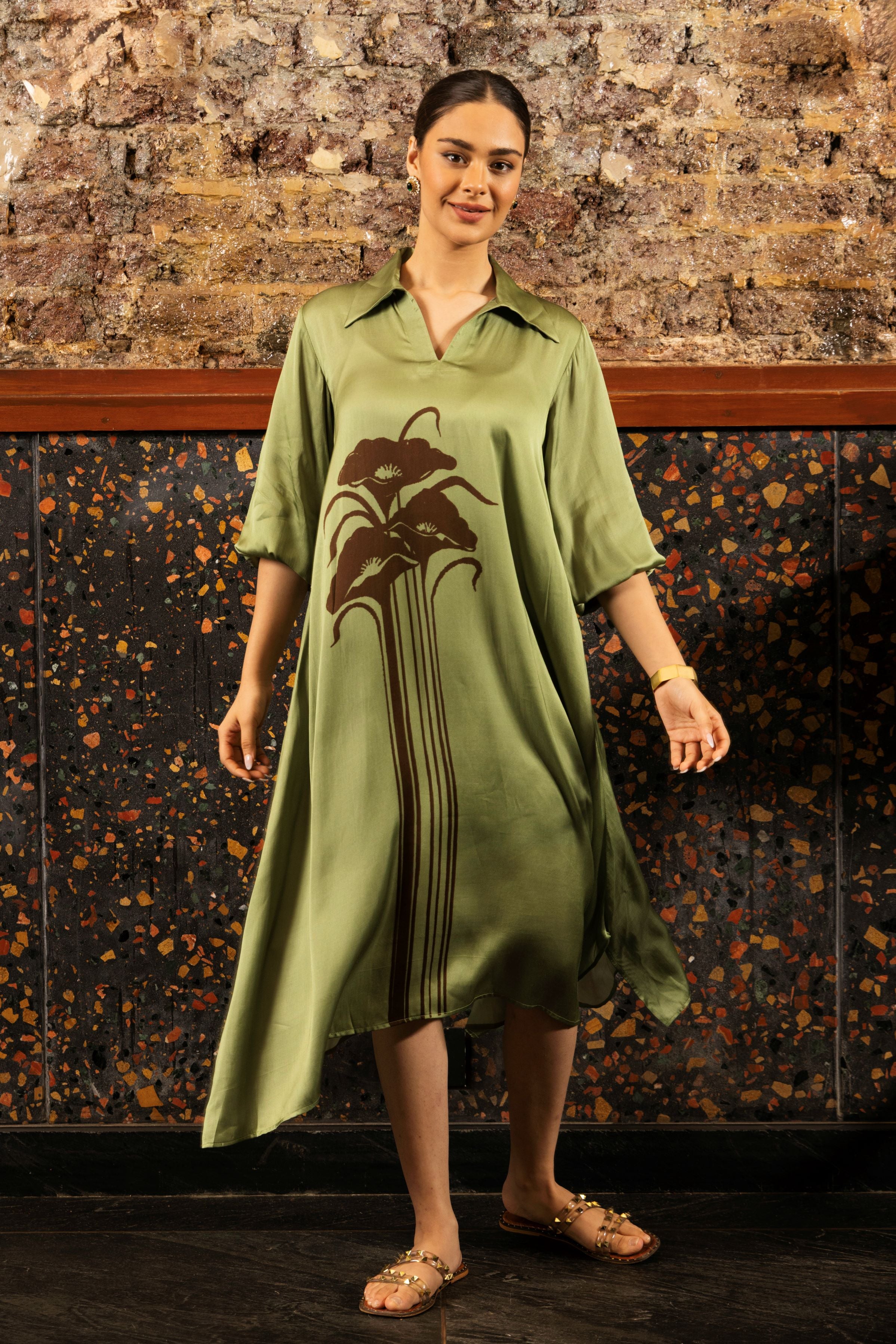 Olive Green Printed Satin Silk Tunic Dress