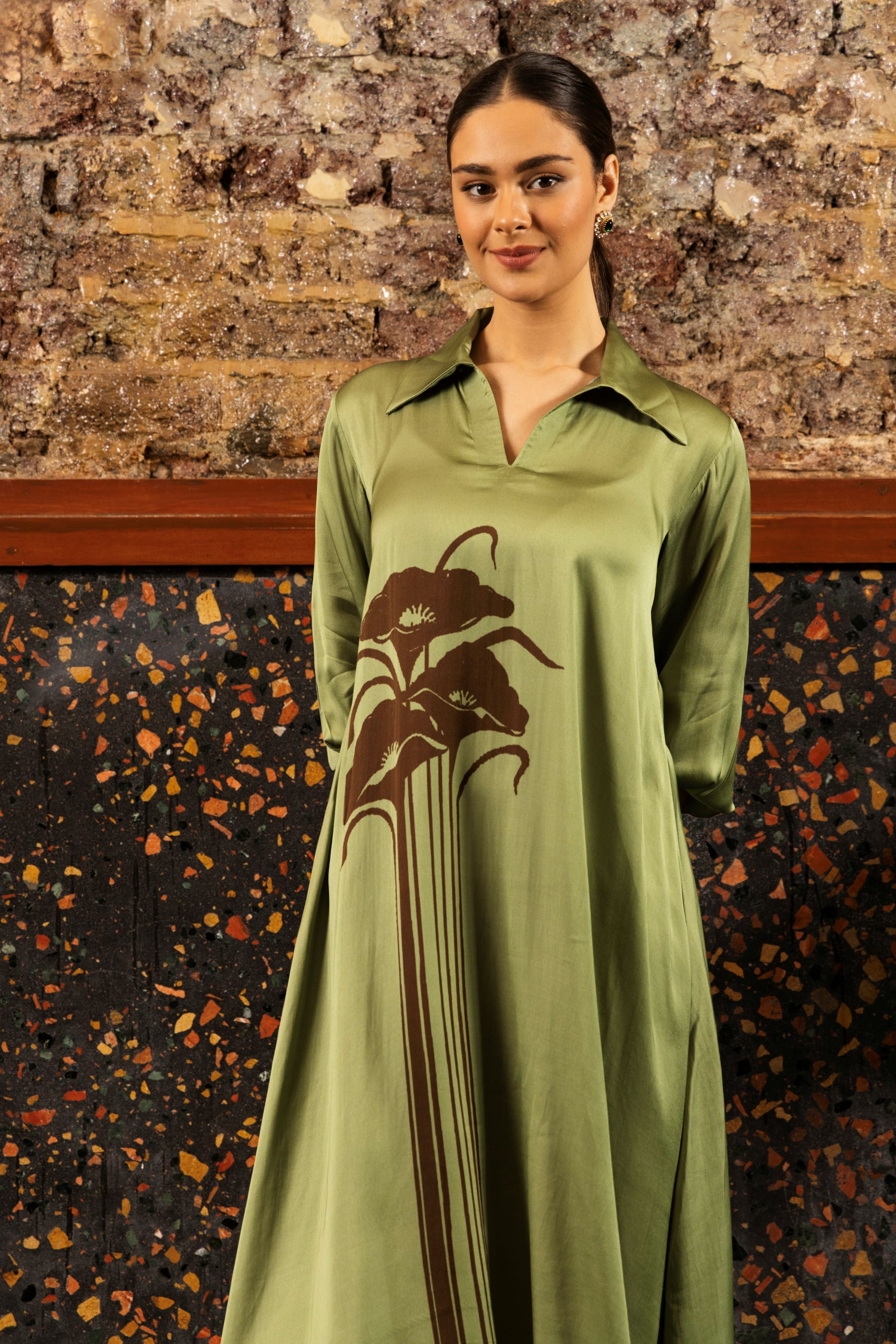 Olive Green Printed Satin Silk Tunic Dress