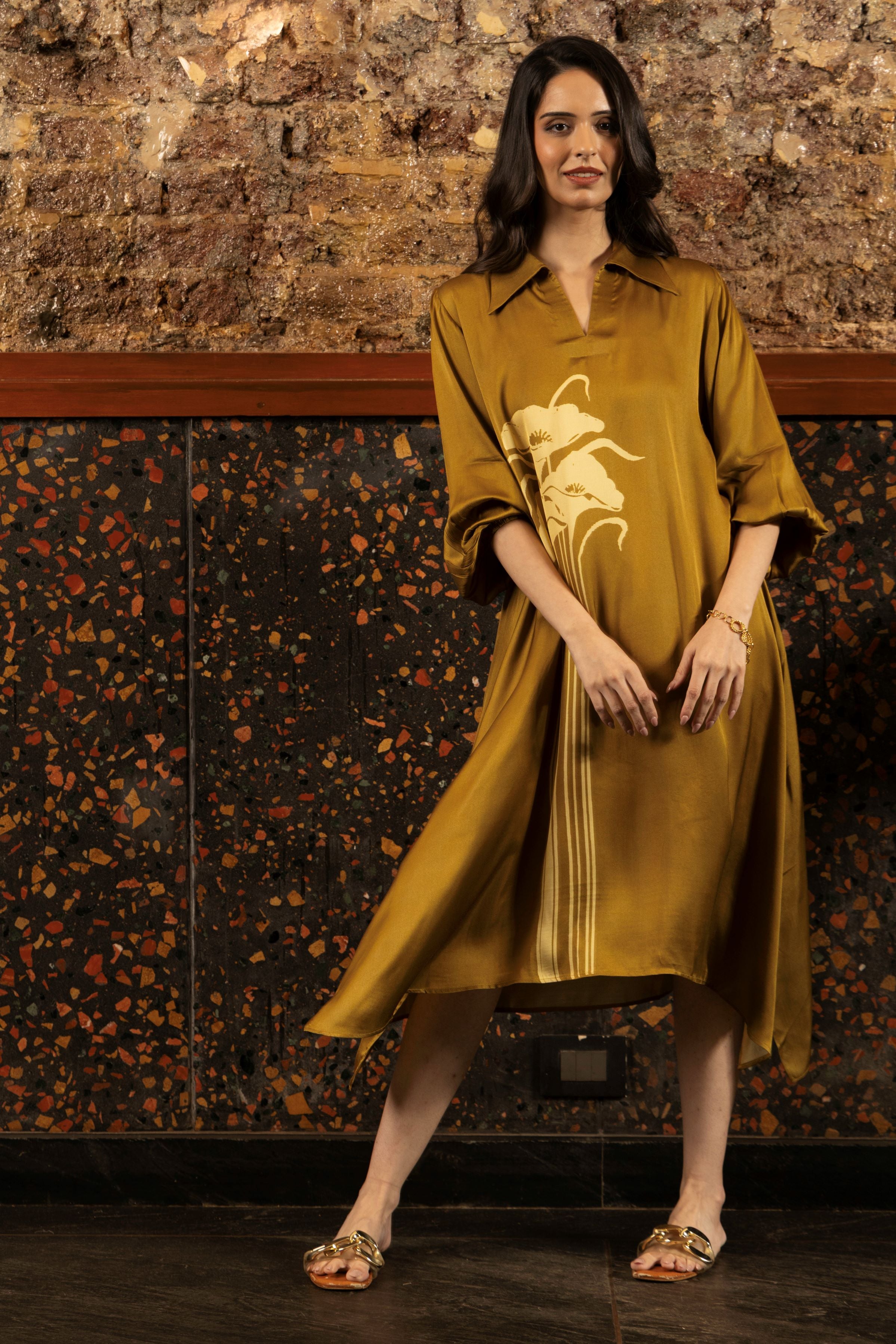 Mustard Ochre Printed Satin Silk Tunic Dress