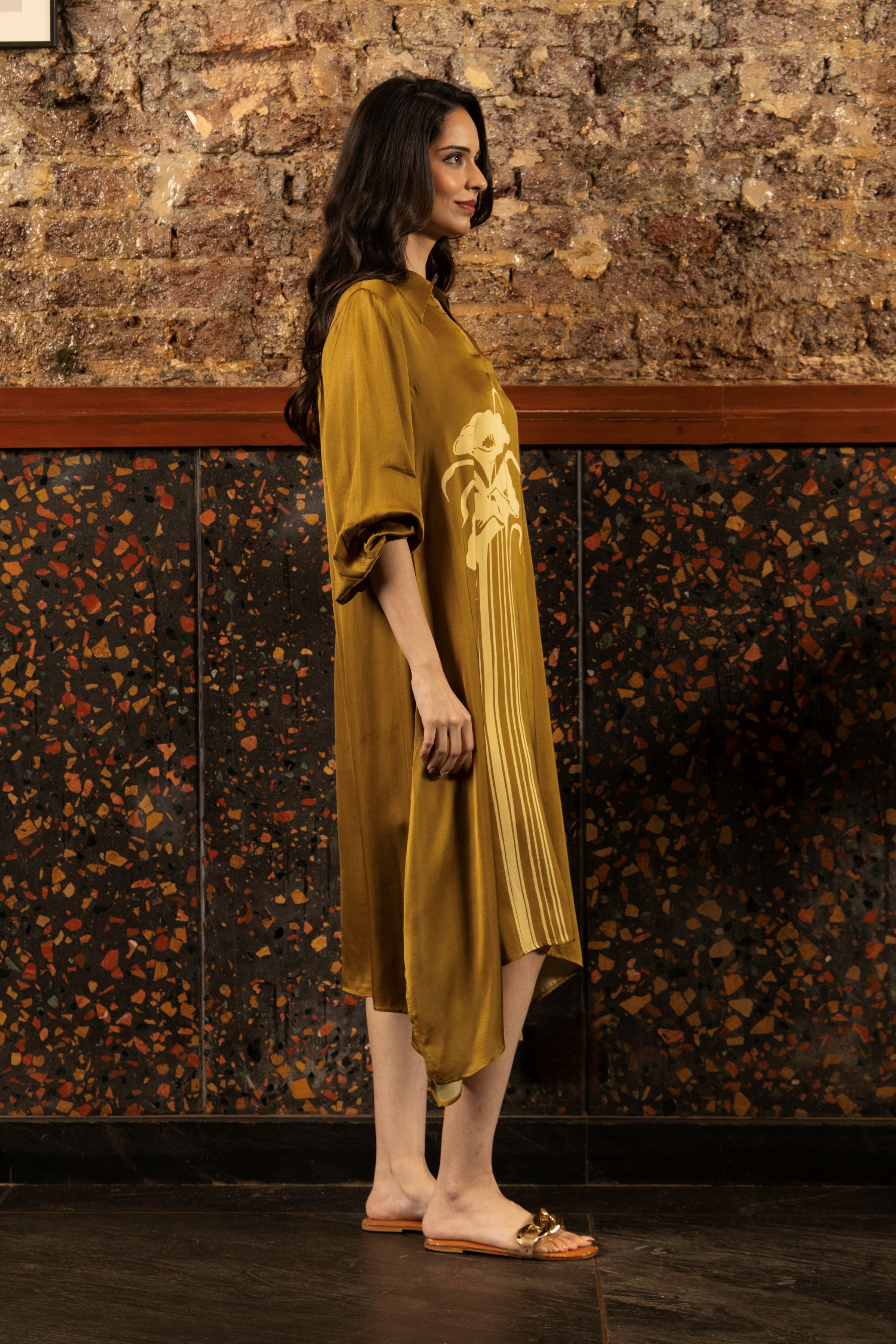 Mustard Ochre Printed Satin Silk Tunic Dress