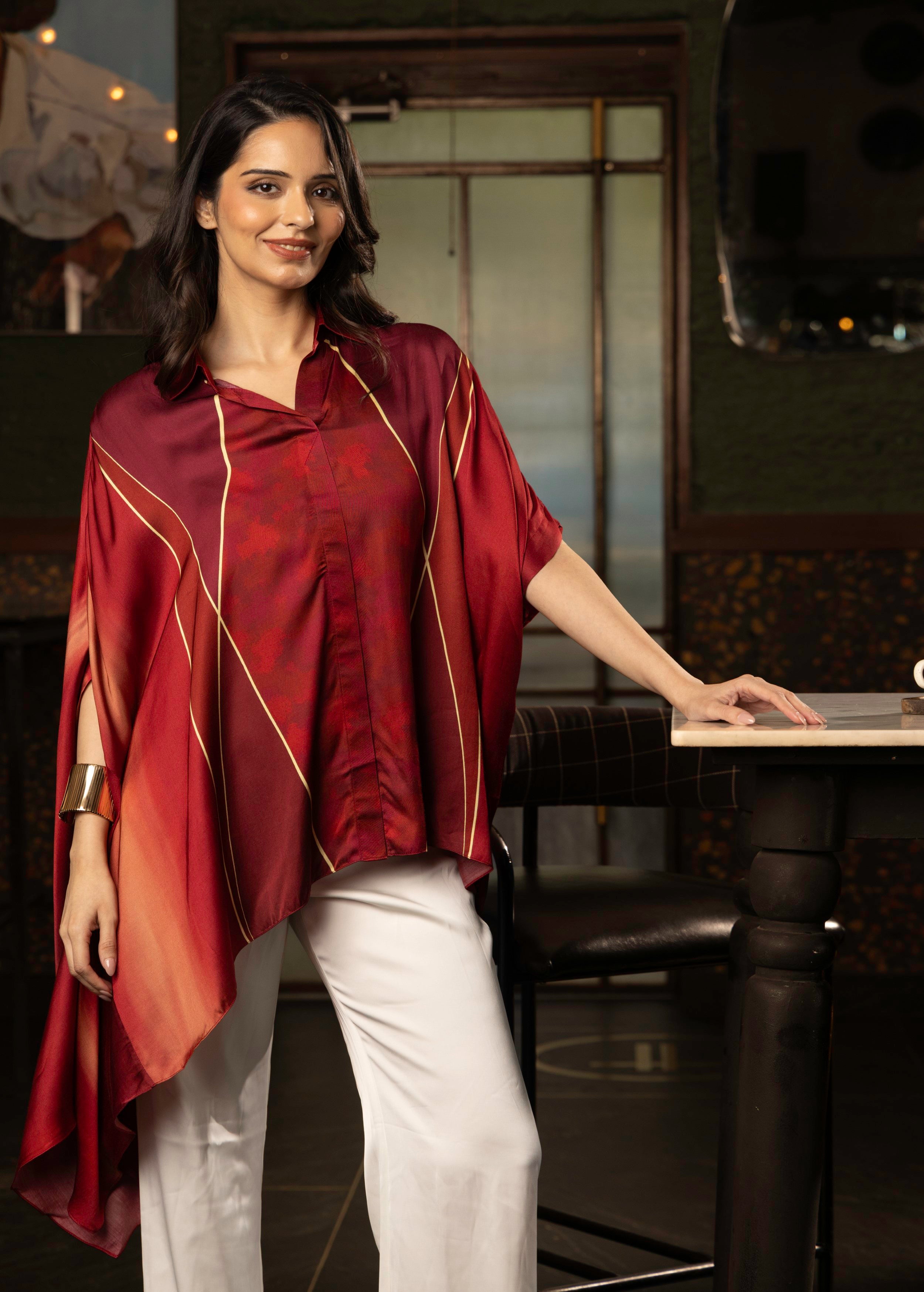 Wine Red Ombre Satin Silk Tunic Top