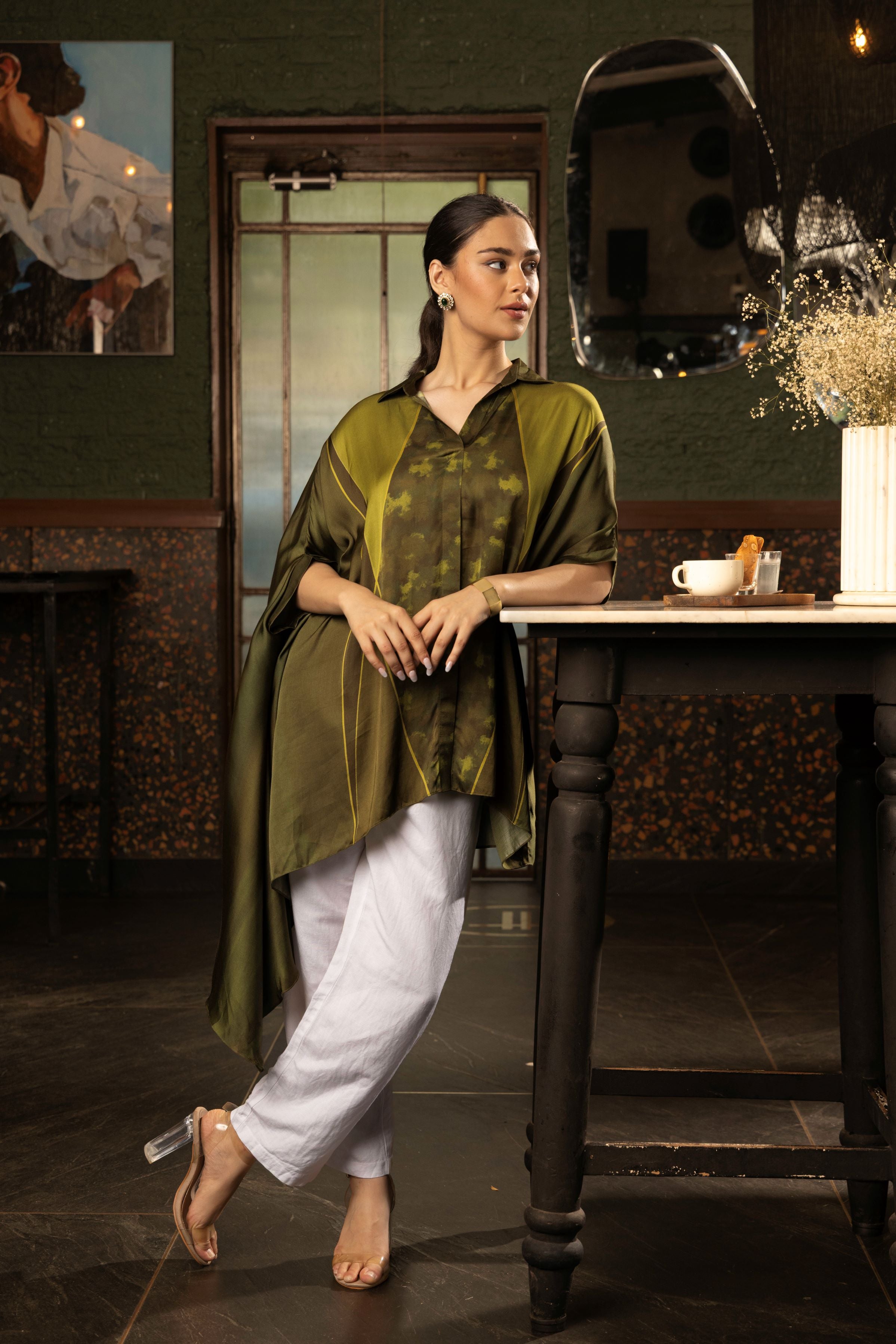 Olive Green Ombre Satin Silk Tunic Top
