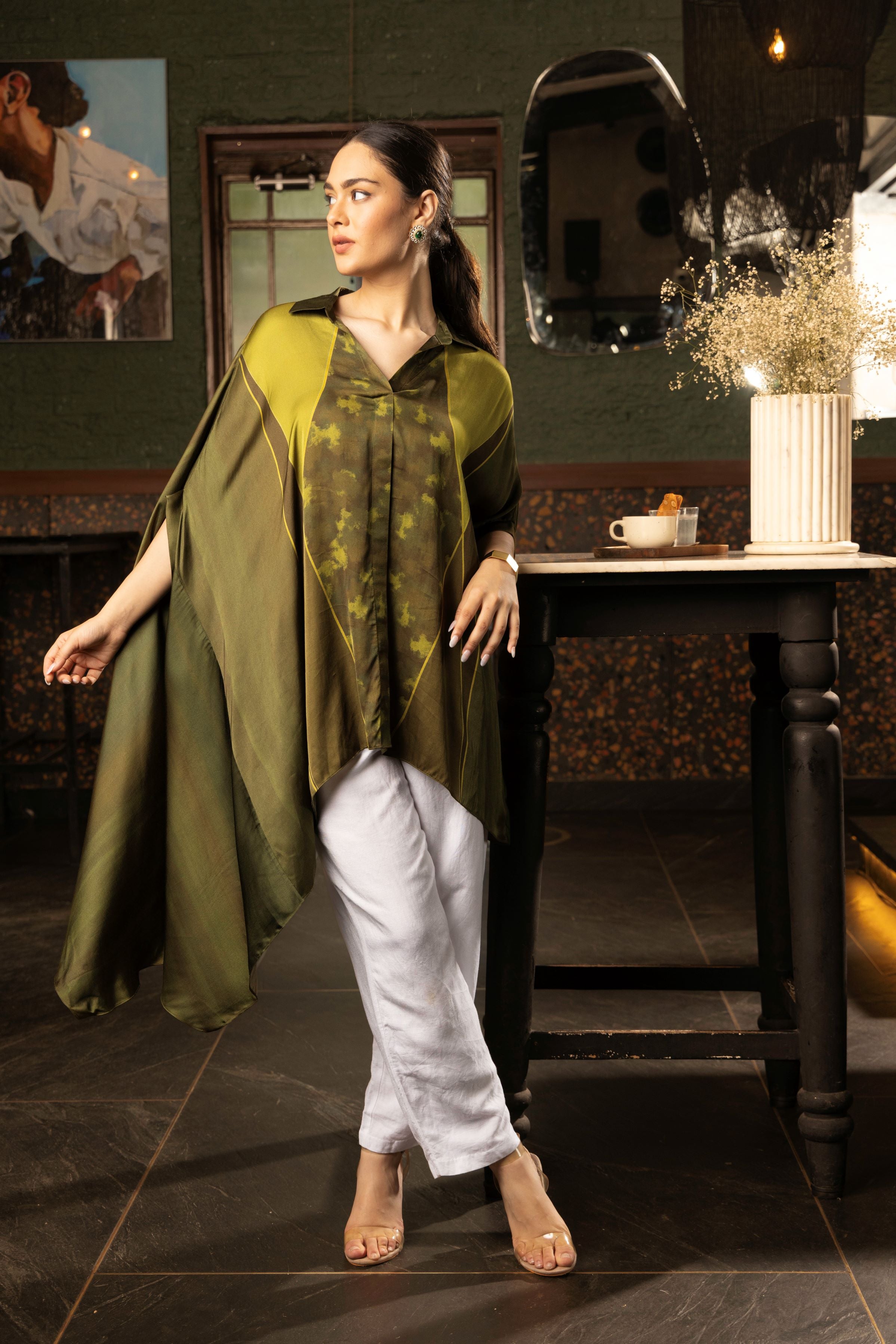 Olive Green Ombre Satin Silk Tunic Top