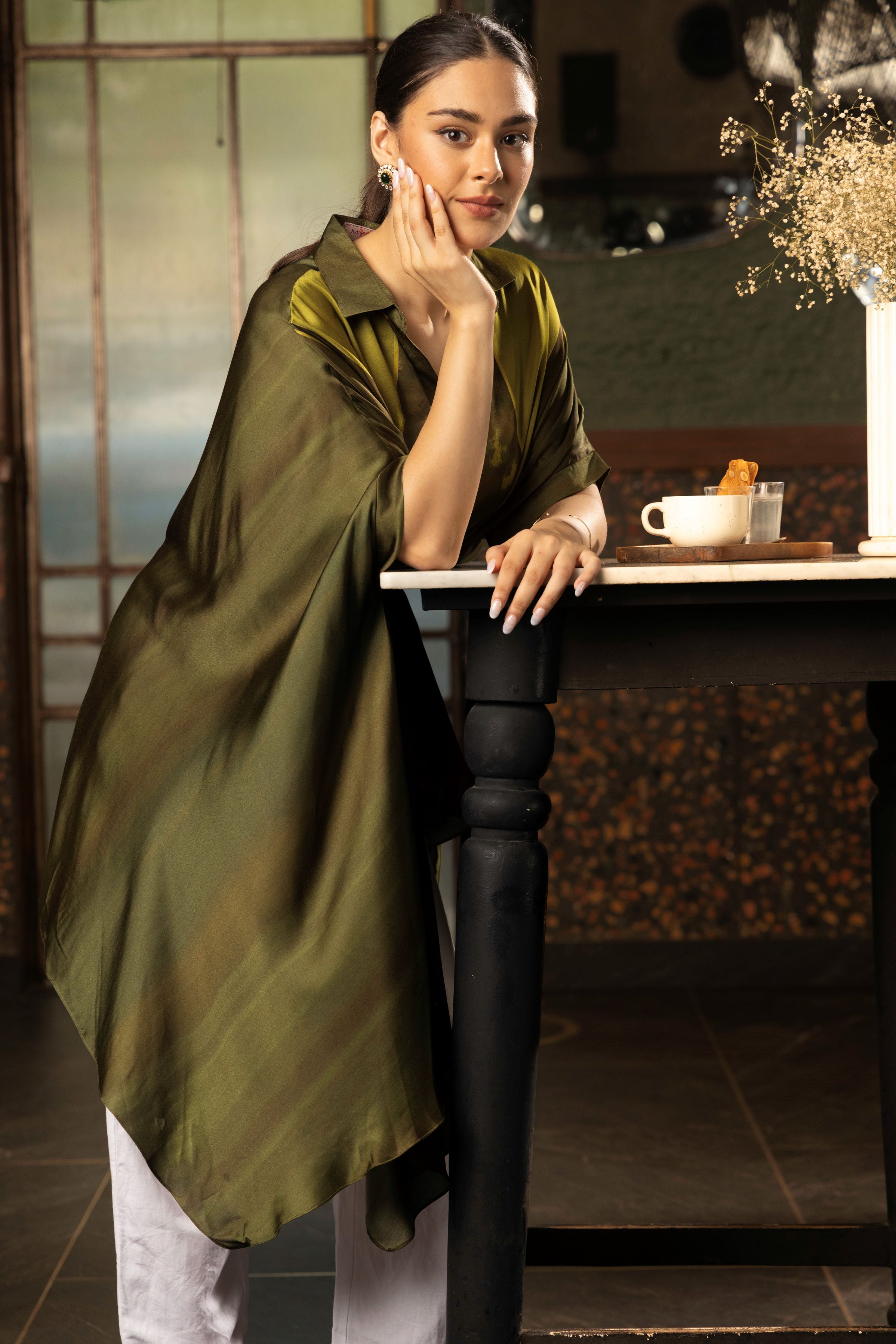 Olive Green Ombre Satin Silk Tunic Top
