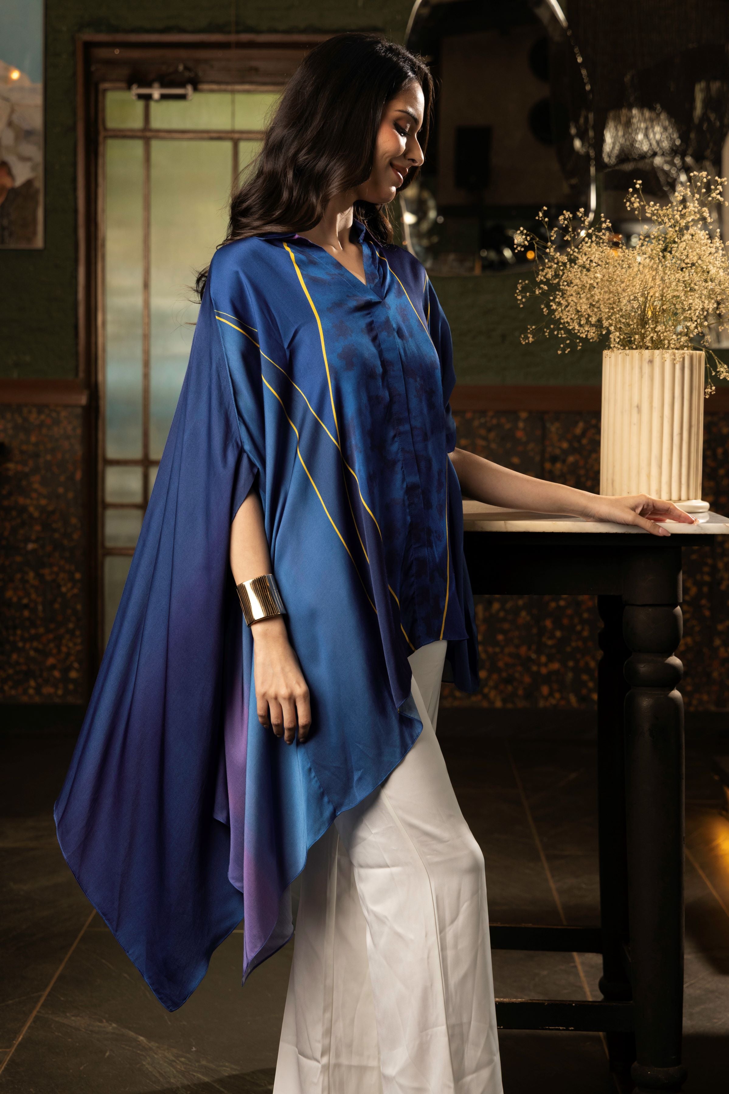 Midnight Blue Ombre Satin Silk Tunic Top