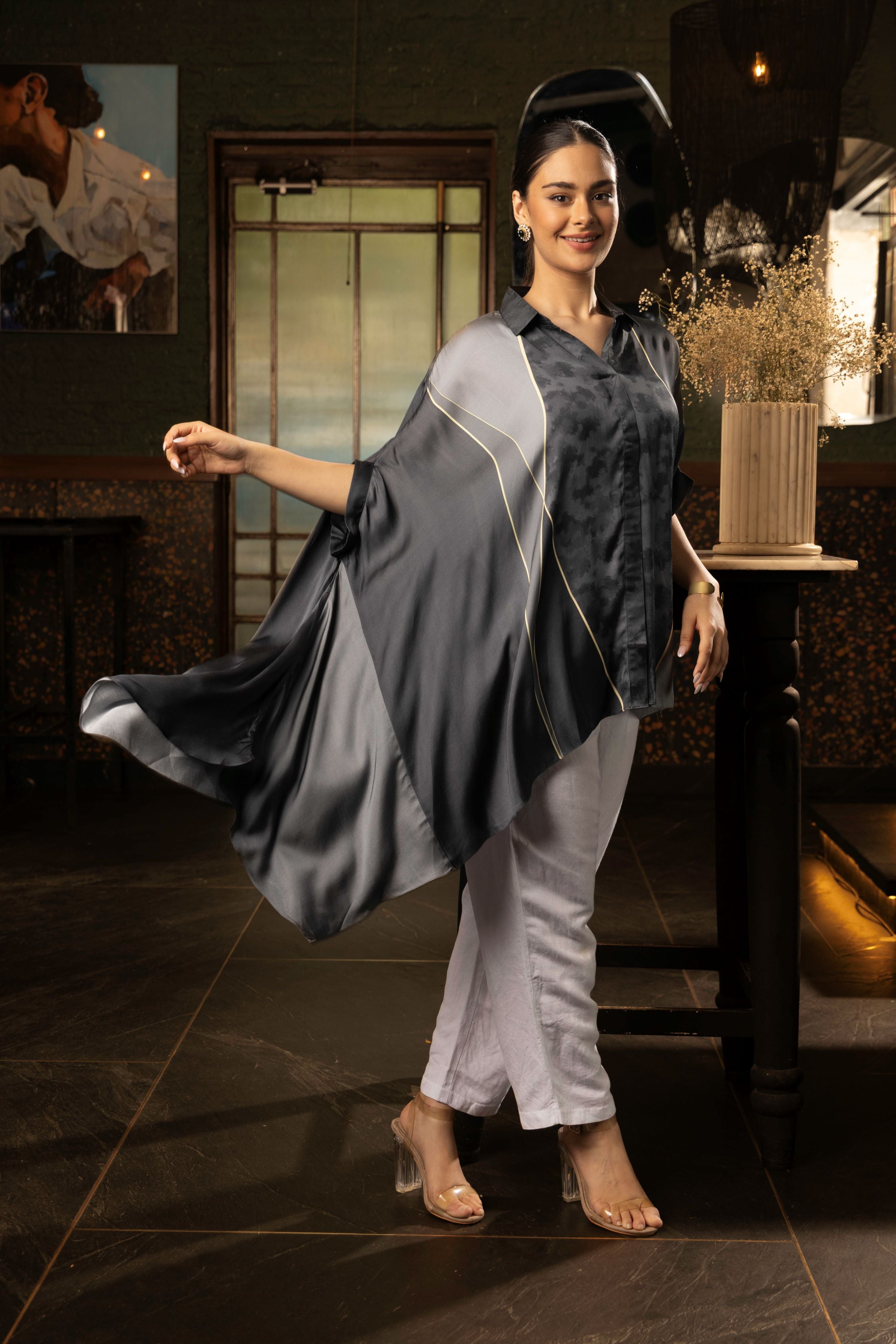 Charcoal Grey Ombre Satin Silk Tunic Top