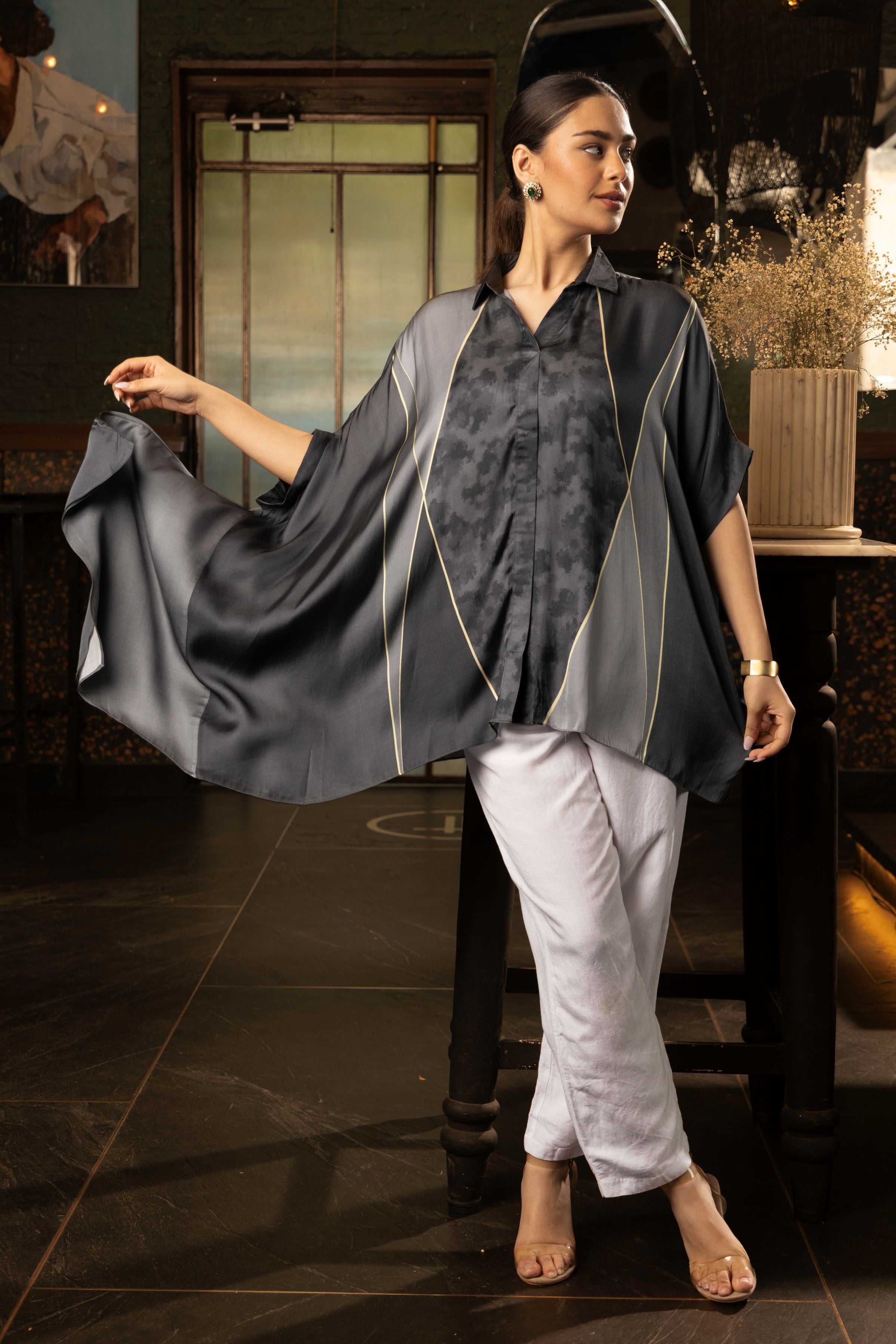 Charcoal Grey Ombre Satin Silk Tunic Top