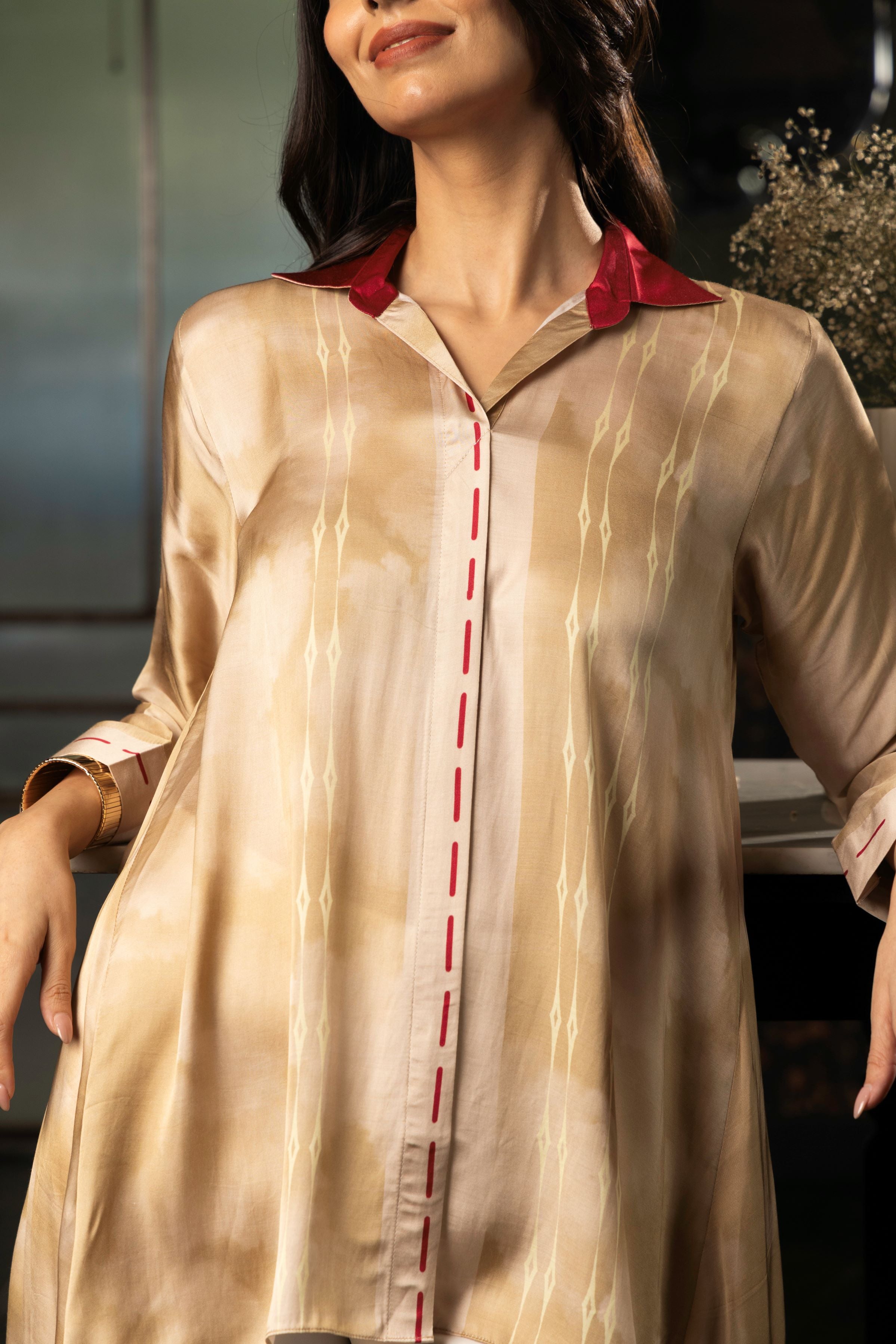 Beige Gold Printed Satin Silk Top
