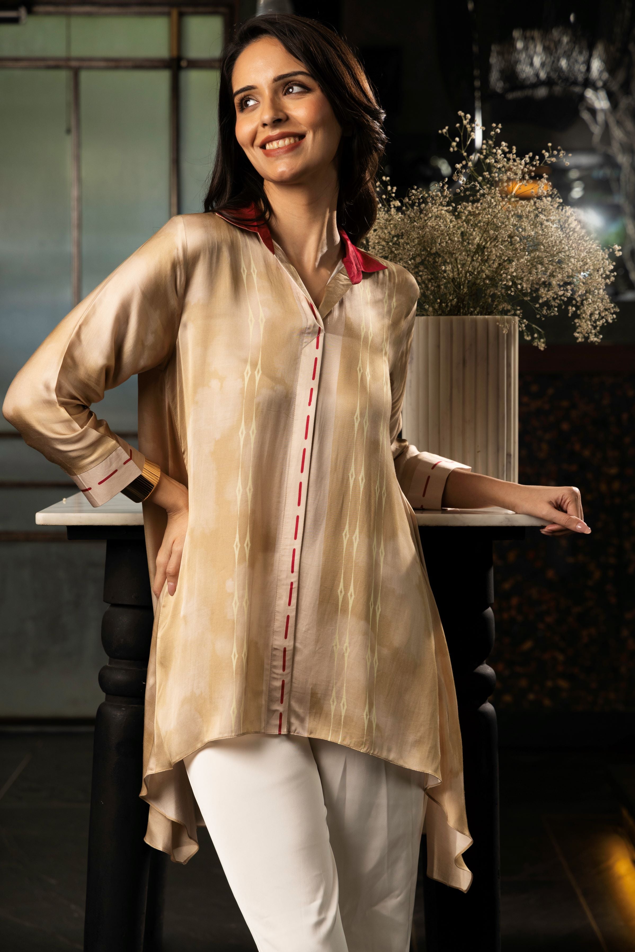 Beige Gold Printed Satin Silk Top