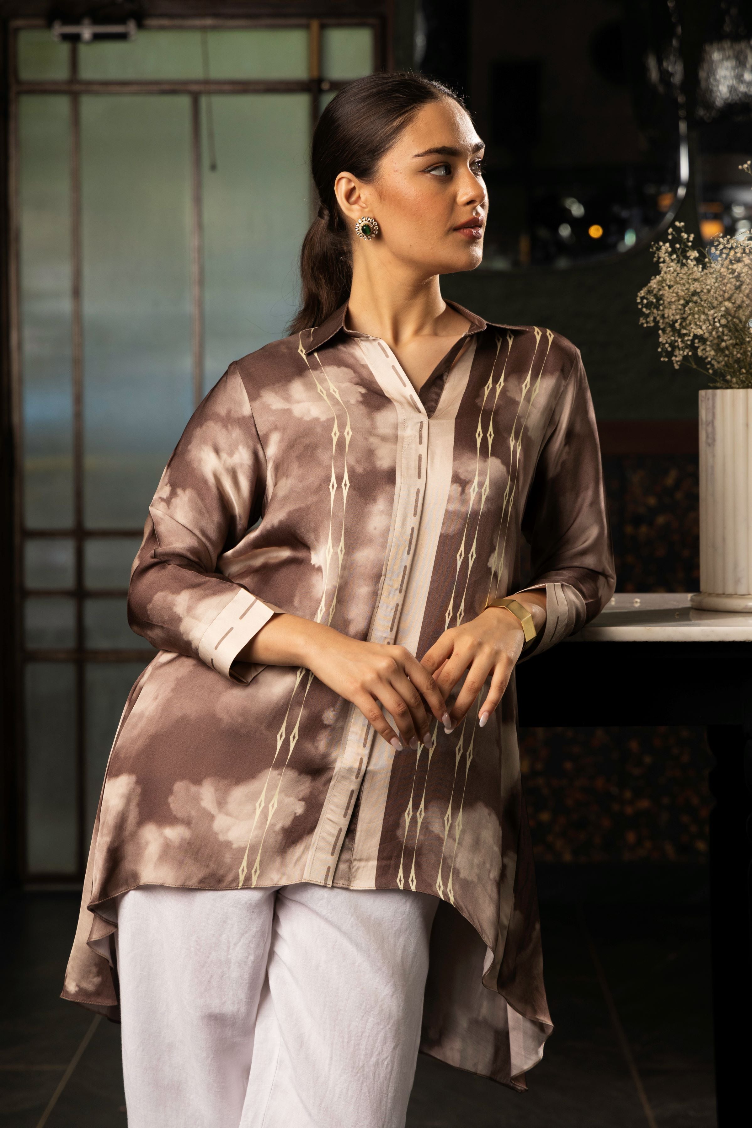 Mocha Brown Printed Satin Silk Top