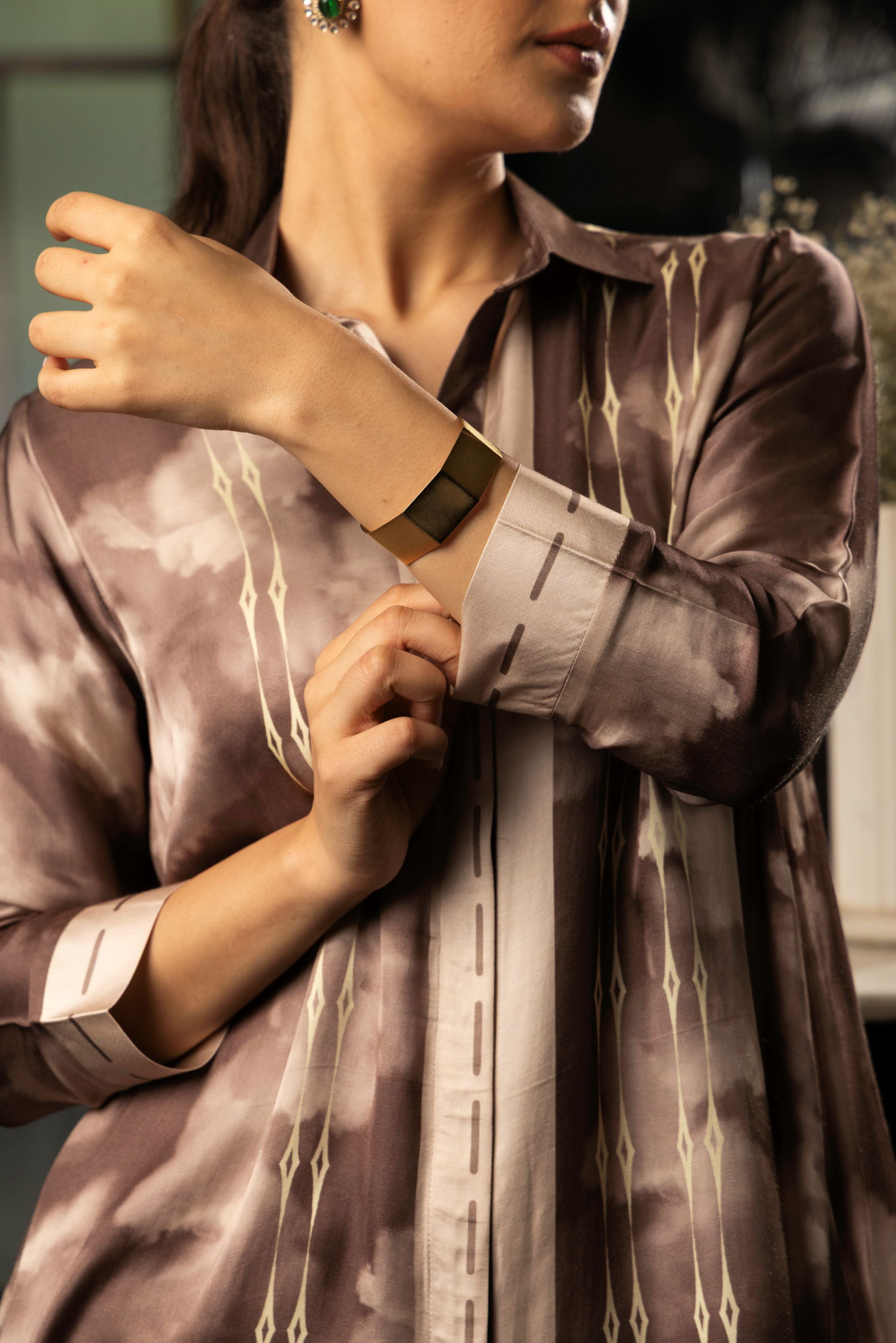 Mocha Brown Printed Satin Silk Top
