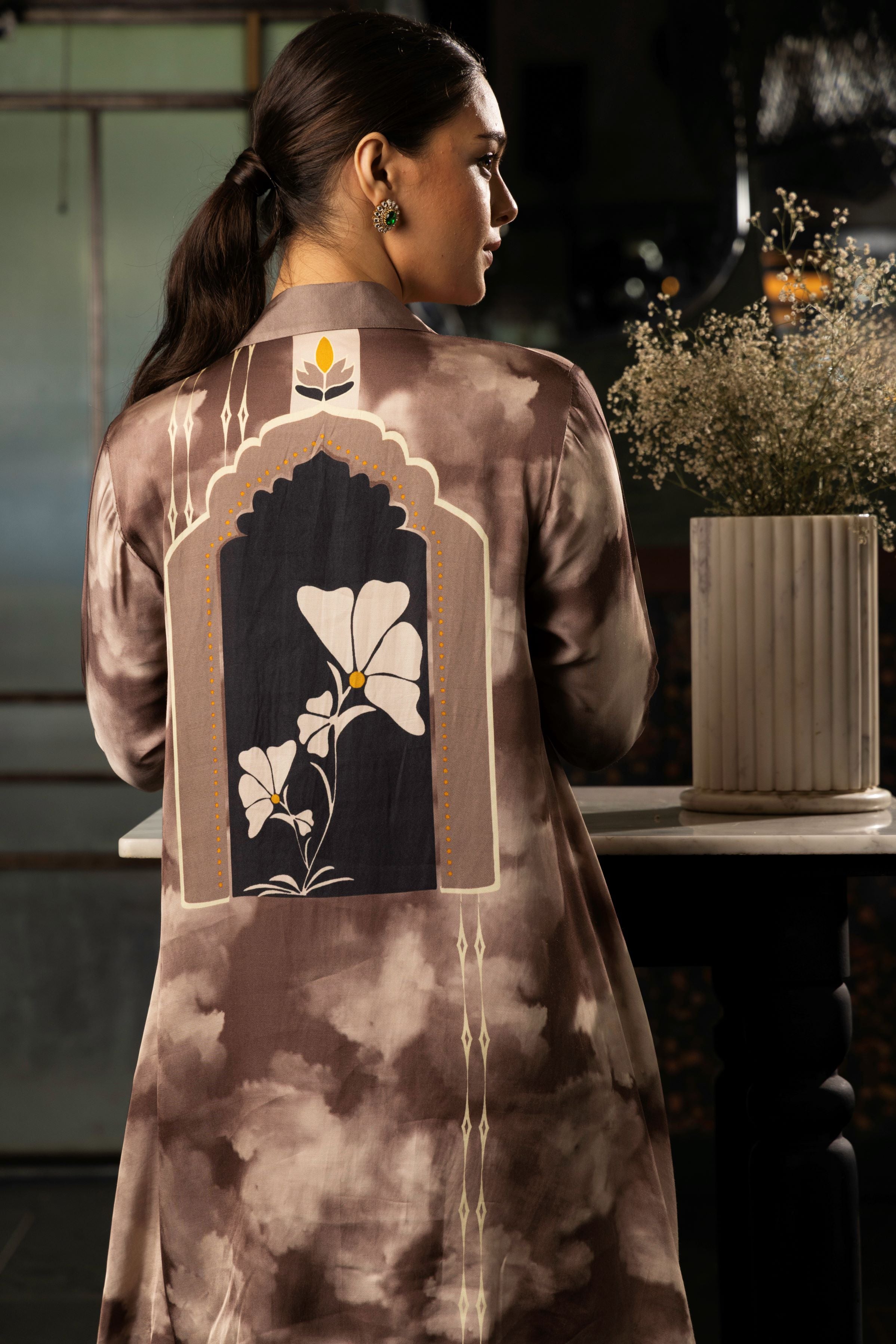 Mocha Brown Printed Satin Silk Top