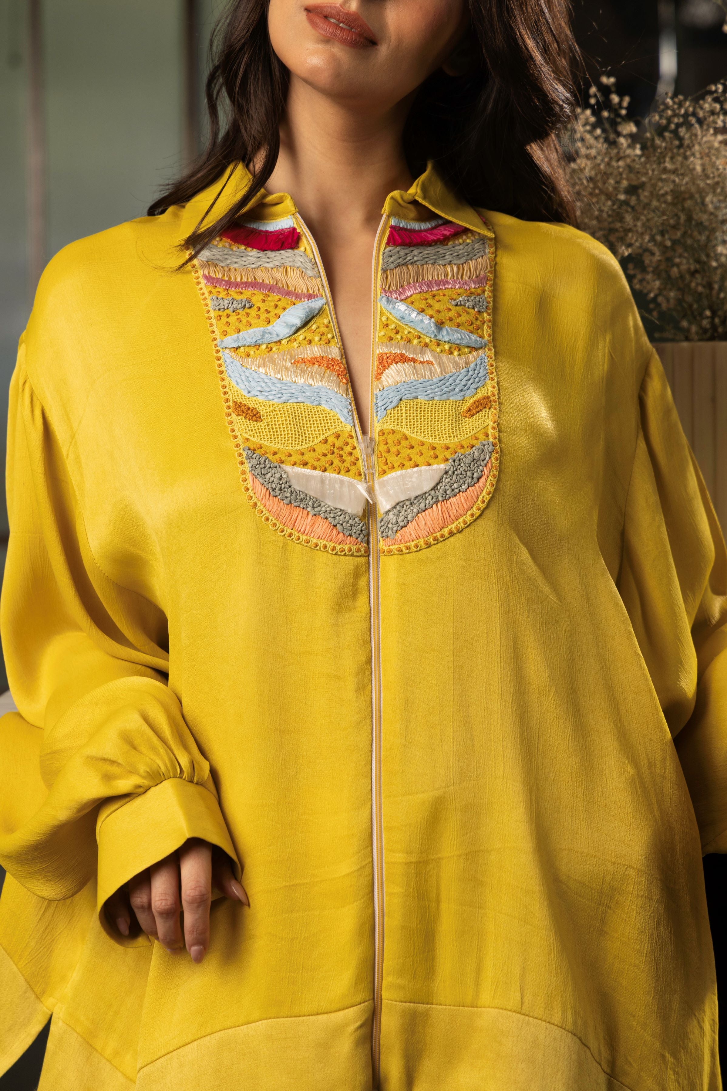 Mustard Yellow Satin Silk Embroidered Shirt