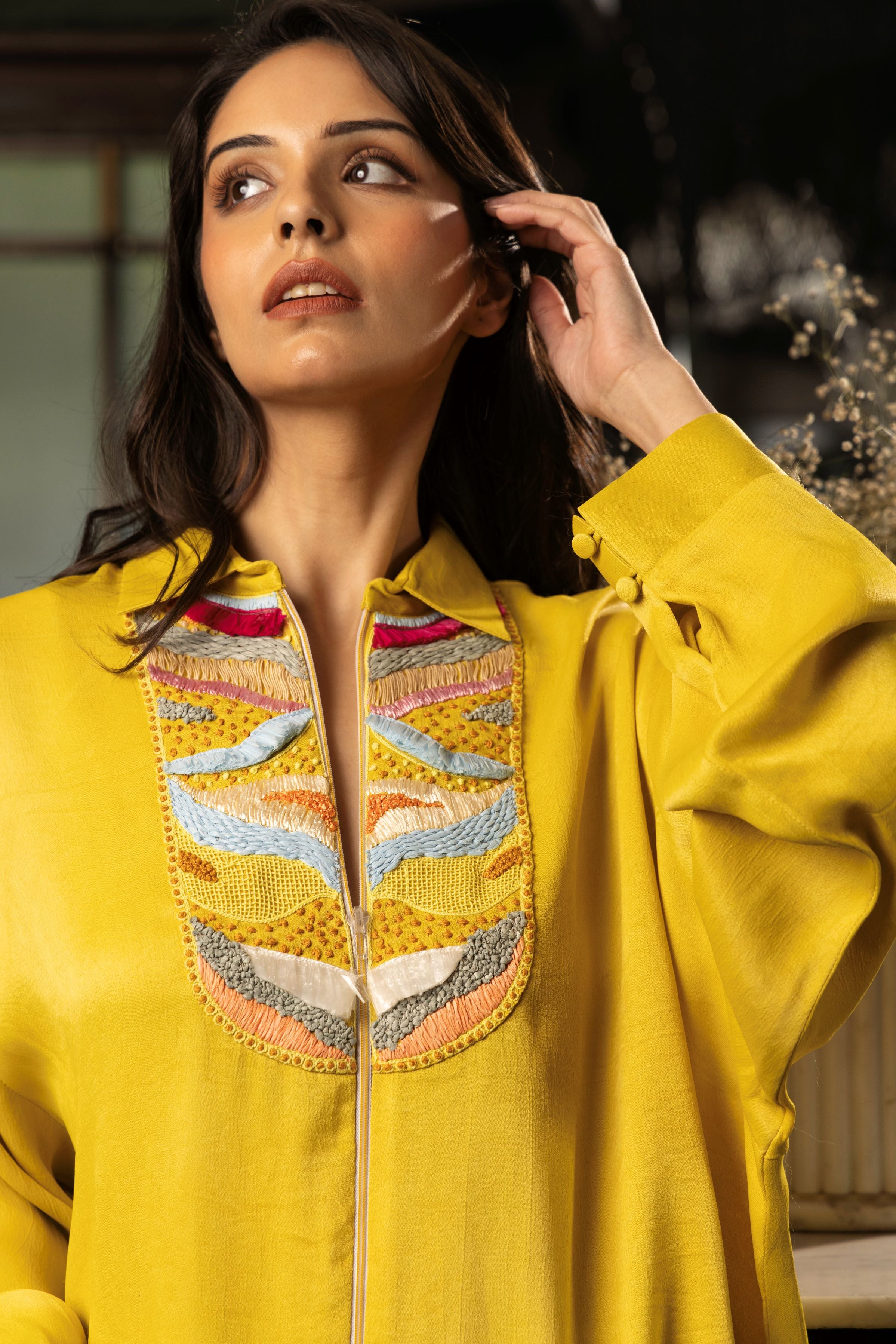 Mustard Yellow Satin Silk Embroidered Shirt